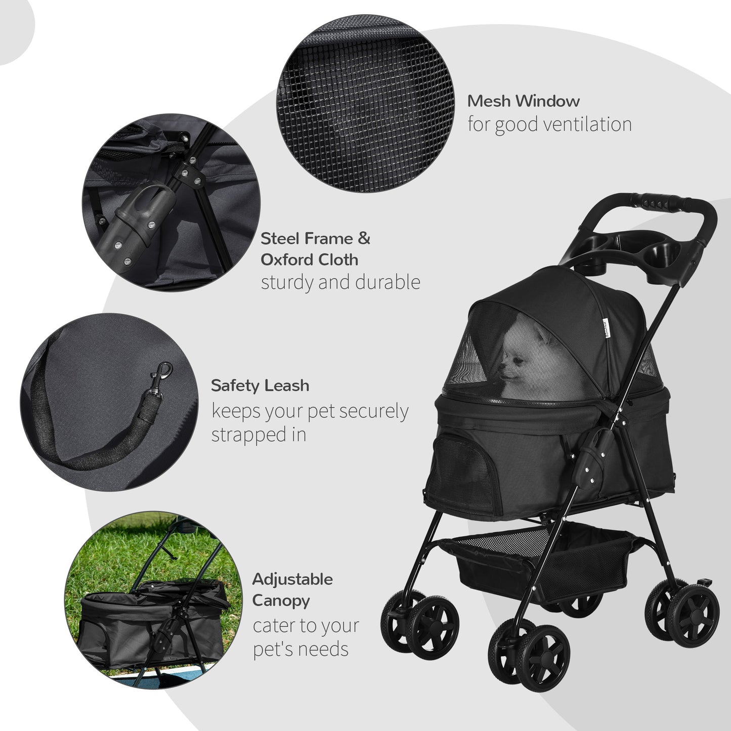 PawHut Pet Stroller, Foldable Cat Dog Pushchair, Pet Travel Carriage with 4 Wheels, Adjustable Canopy, Safety Leashes, Storage Basket and Cup Holder for Small Dogs, Black