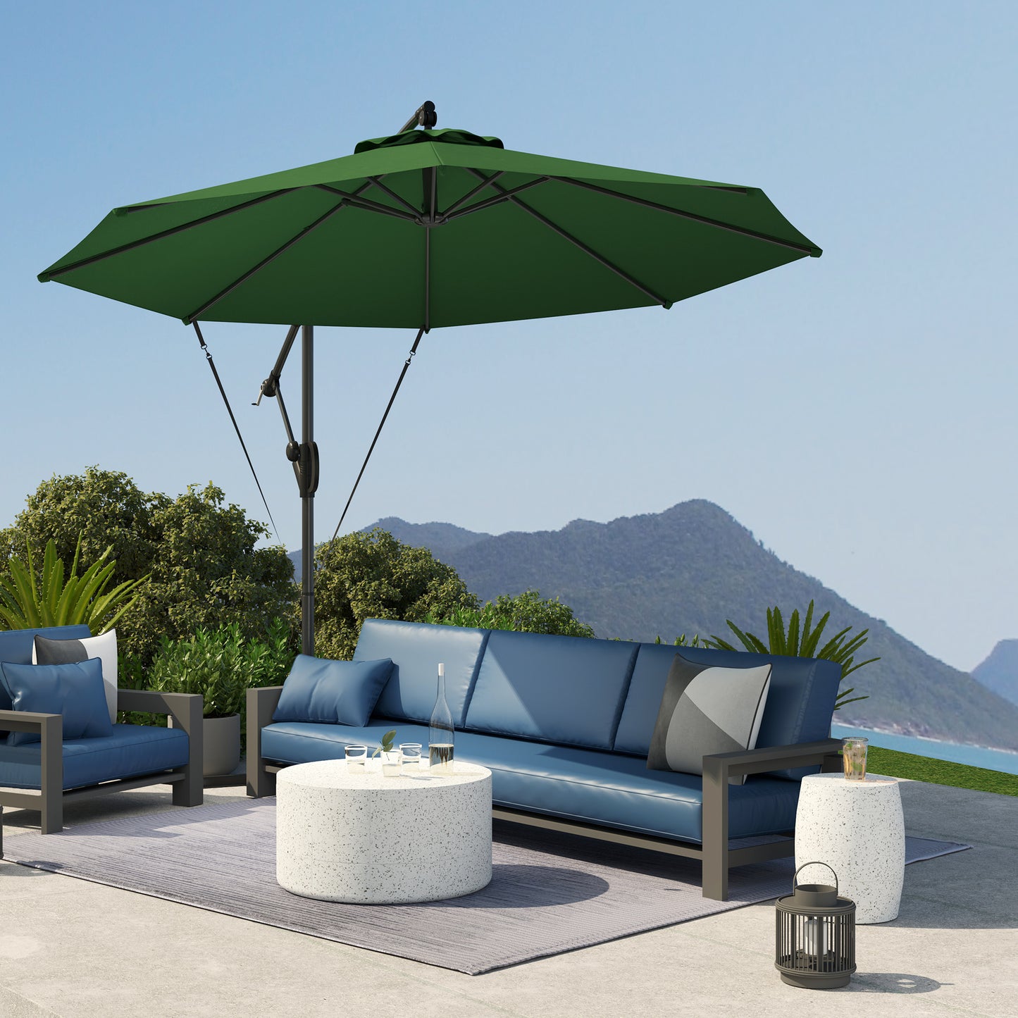 Outsunny Garden Cantilever Parasol with Cover & Wind Strap, Round Umbrella with Crank & Tilt, UPF50+ Patio Sun Shade, Green