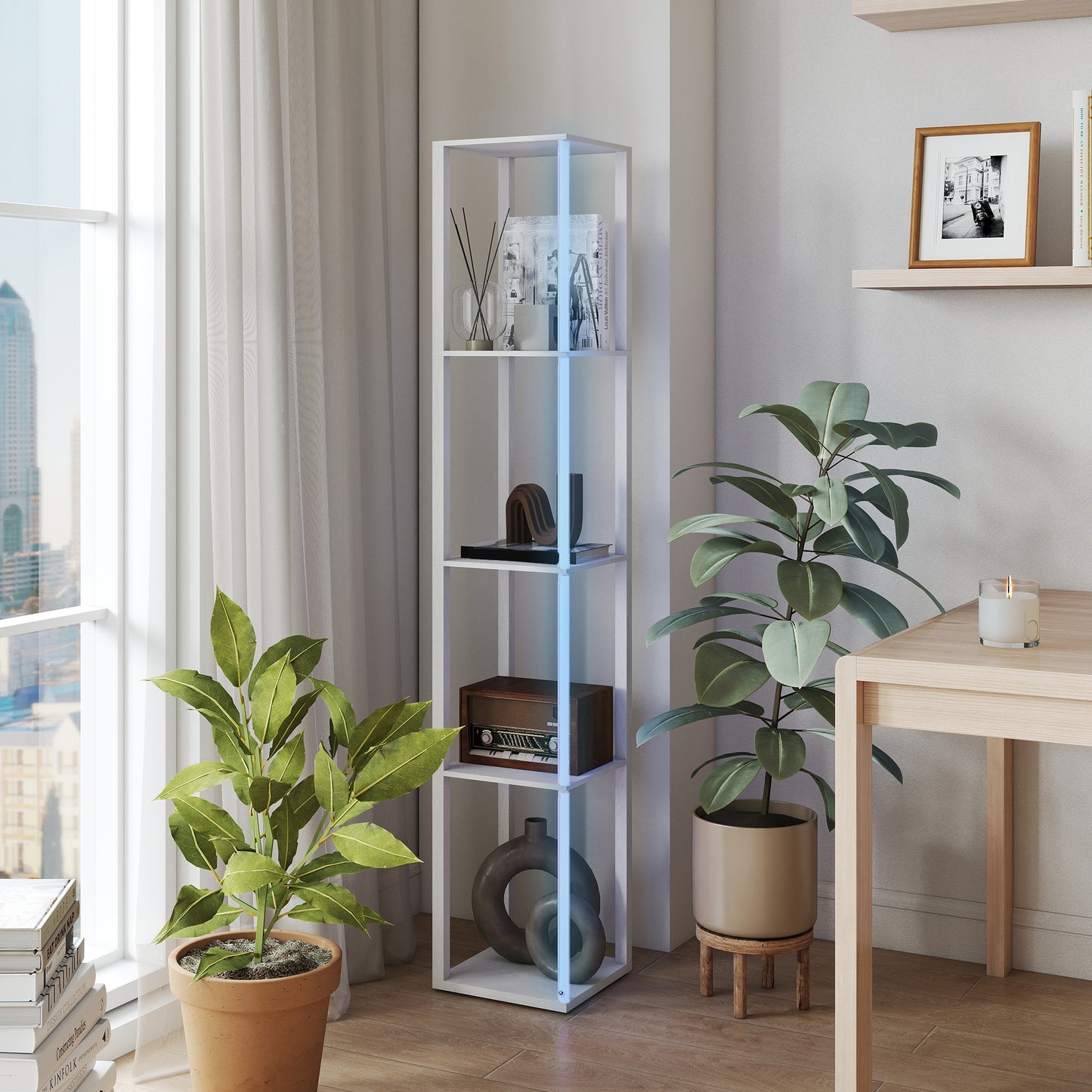 HOMCOM Floor Lamp with Shelves, RGB LED, Modern Dimmable with Remote Control, Adjustable Brightness & Speed for Living Room, Bedroom, Office, White