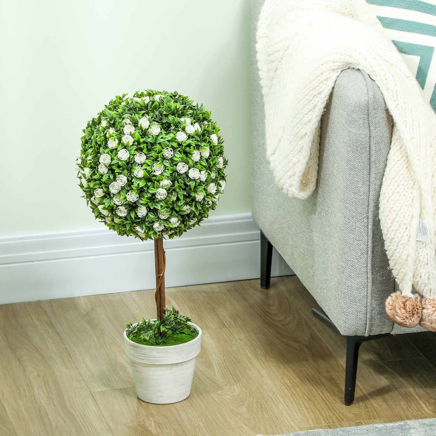 HOMCOM Set of 2 Decorative Artificial Plants, Ball Topiary Tree with Rose Flower in Pot, White
