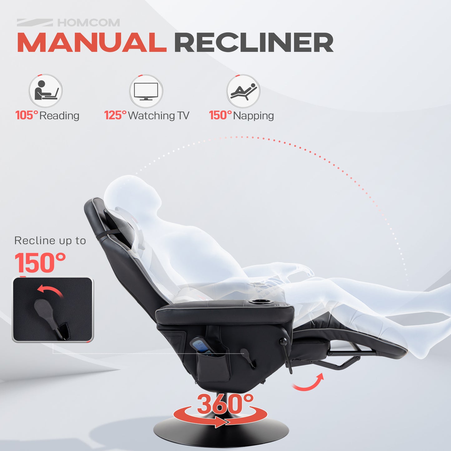 HOMCOM Massage Recliner Chair with Remote, PU Leather Armchair with Cup Holders, Side Pockets, Headrest, 360° Swivel, Lumbar Support, Grey