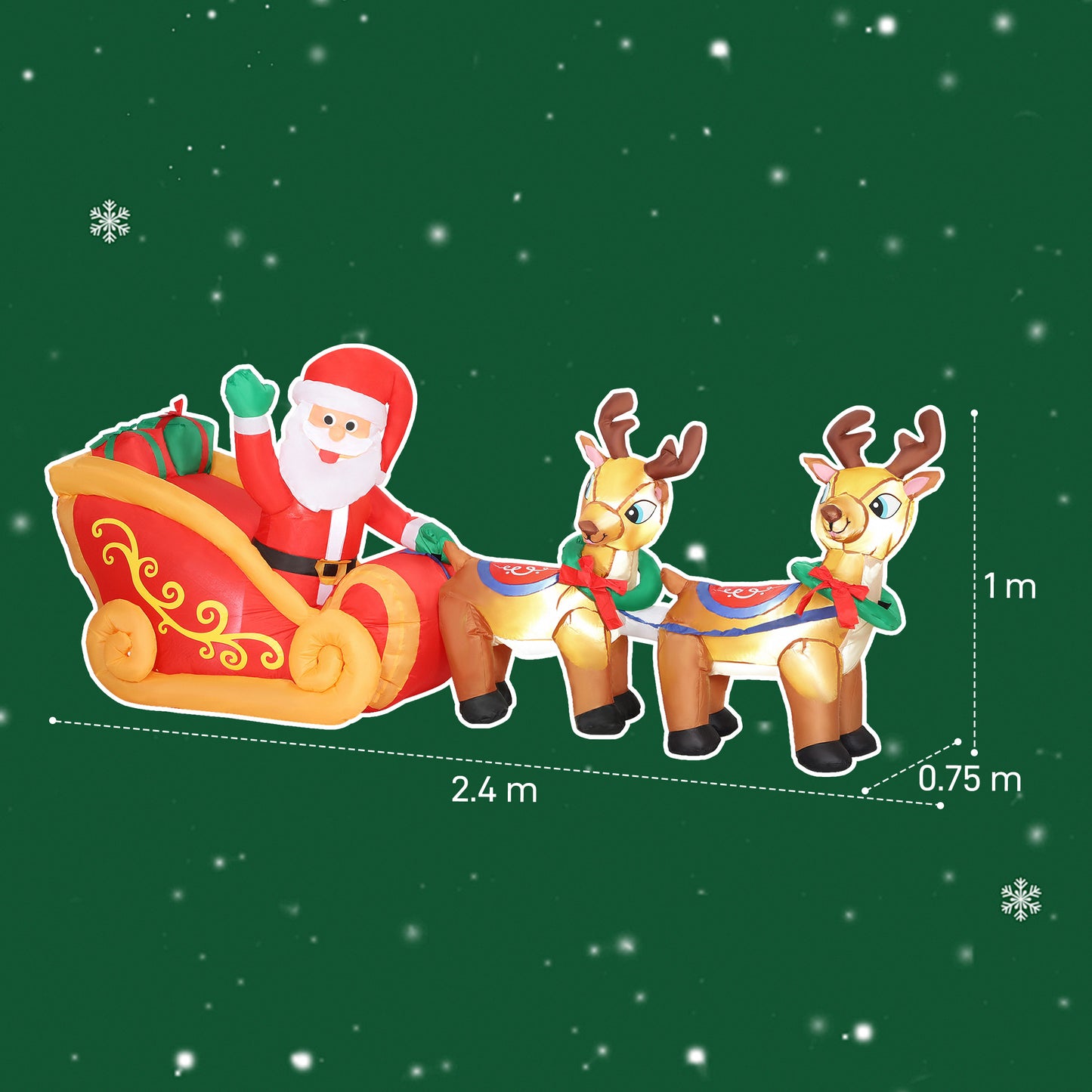Outsunny Inflatable Santa on Sleigh with Two Reindeer, LED Lights, Christmas Decoration for Indoor/Outdoor Home, 7.9ft, Red