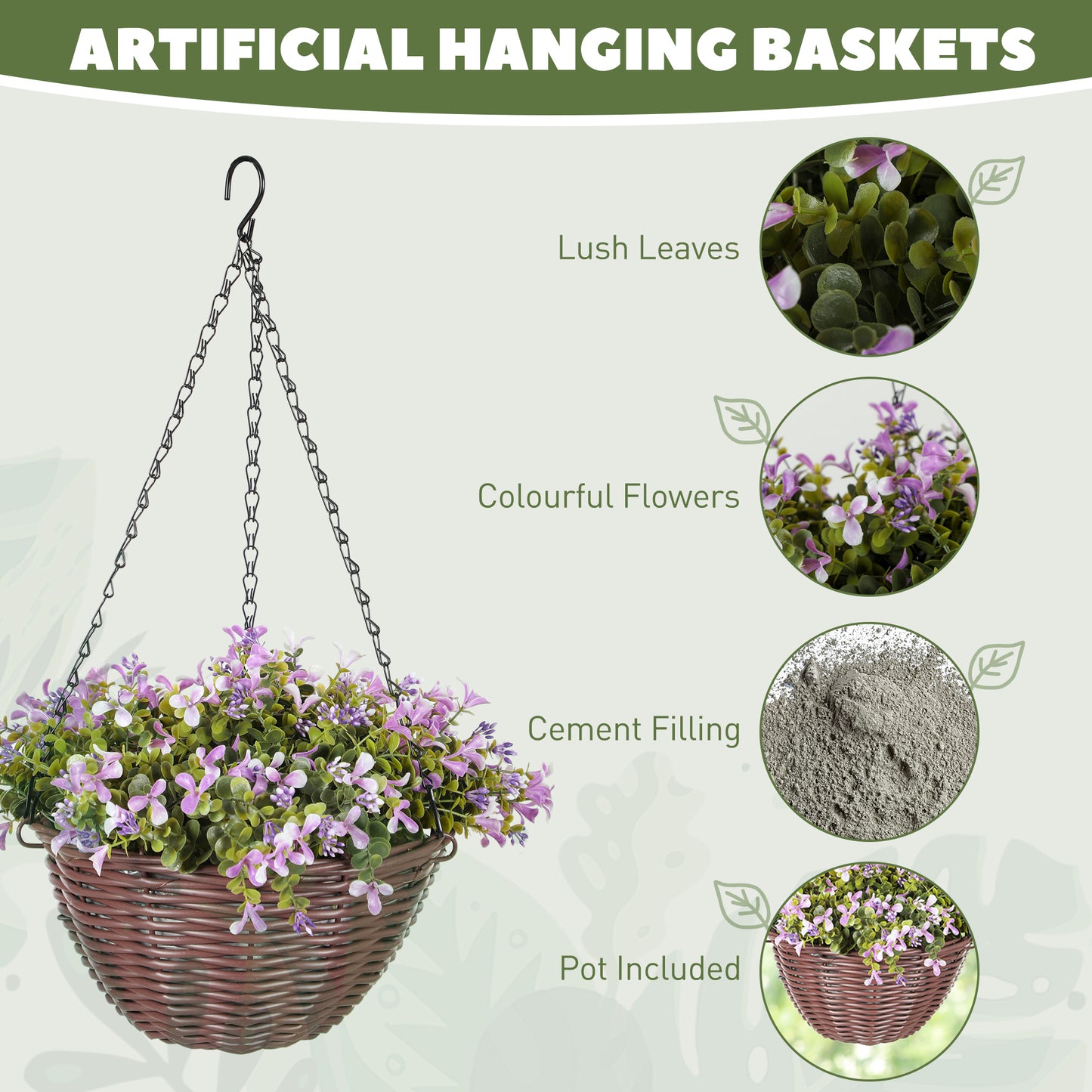 HOMCOM Set of 2 Artificial Flowers in Basket, Decorative Hanging Baskets with 75 Leaves & 15 Flowers for Home or Office Decor, Purple
