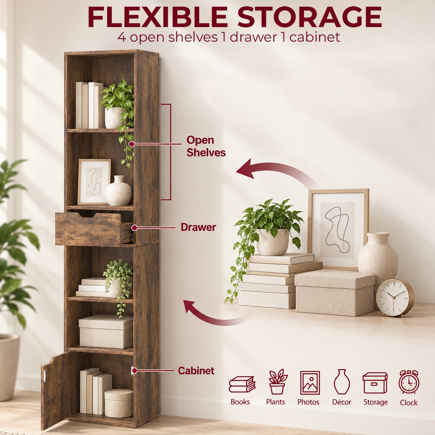 HOMCOM 6-Tier Bookcase, Tall Narrow Bookshelf with Drawer, Door, Adjustable Shelf for Living Room, Rustic Brown