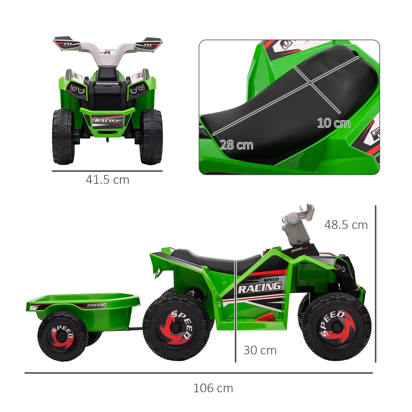 HOMCOM 6V Quad Bike with Back Trailer Wear-Resistant Wheels for Ages 18-36 Months Green