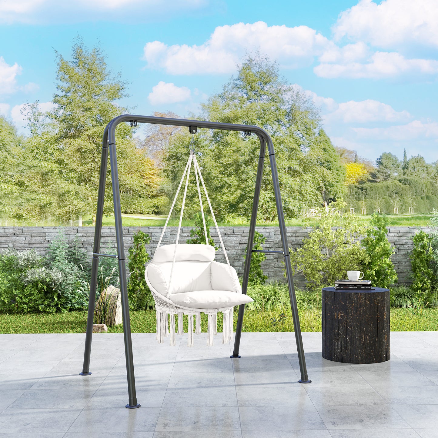 Outsunny Hanging Chair Outdoor Hammock with Cushion, Cotton Rope Boho Style Swing Seat for Indoor/Outdoor, Cream White