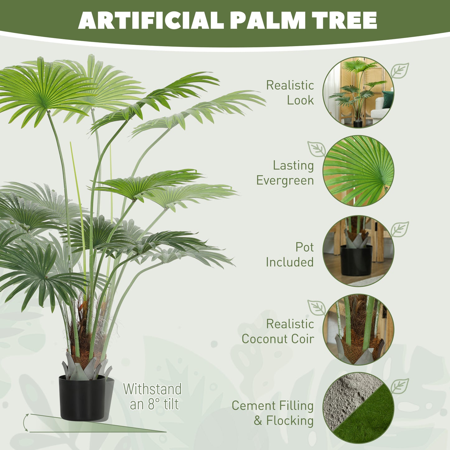 HOMCOM Artificial Palm Tree, 145cm, Decorative Plant with Lifelike PEVA Leaves, Coconut Coir, Plastic Pot, Flocking for Home/Office Decor, Green