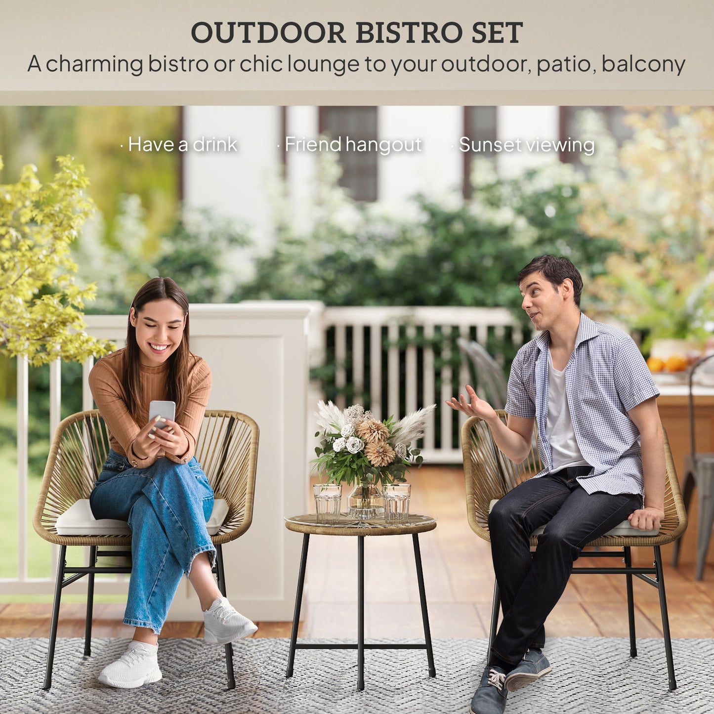 Outsunny 3-Piece Rattan Bistro Set, Garden Table & Chairs with Cushions, Glass Top for Patio/Balcony
