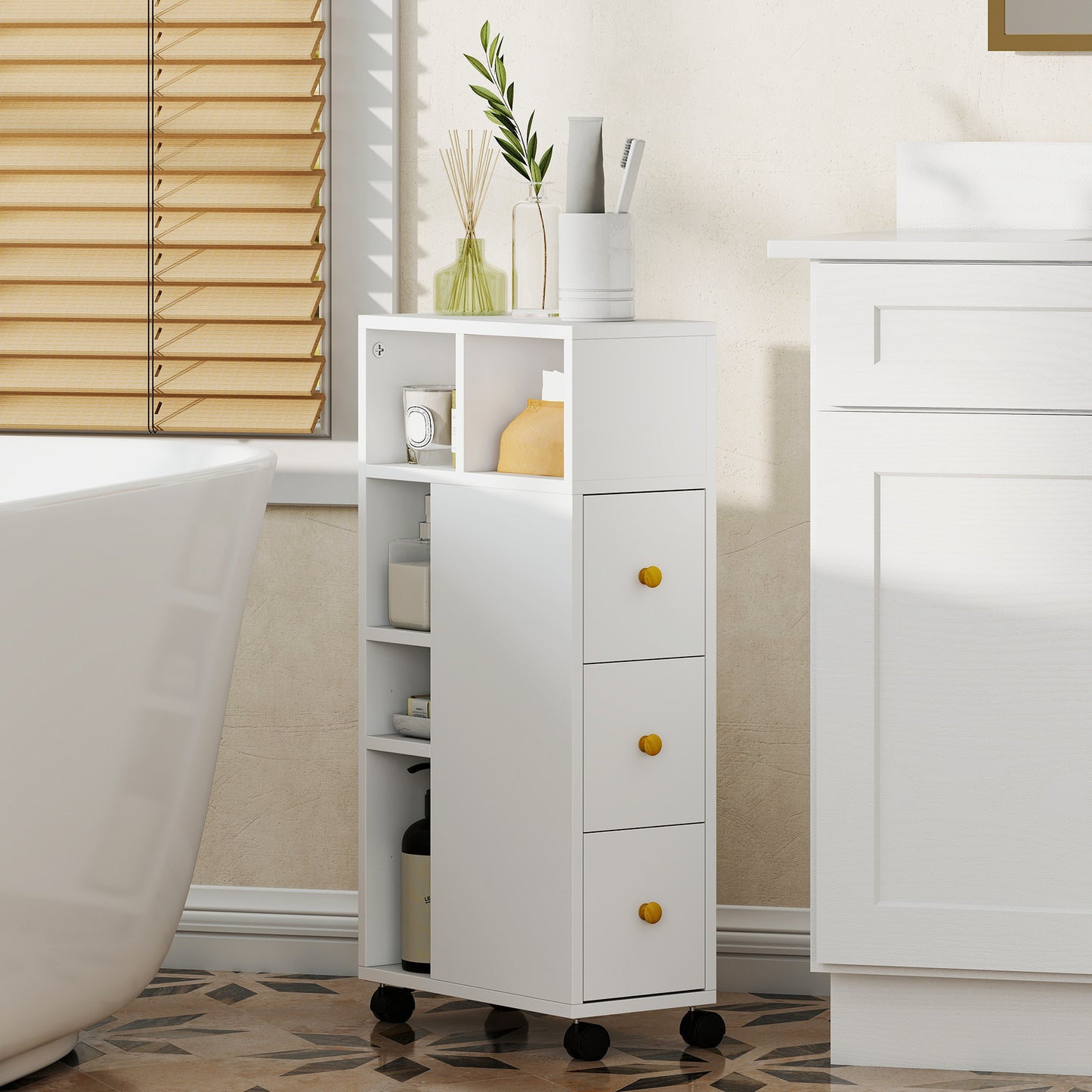 HOMCOM Slim Bathroom Storage Unit with Wheels - White