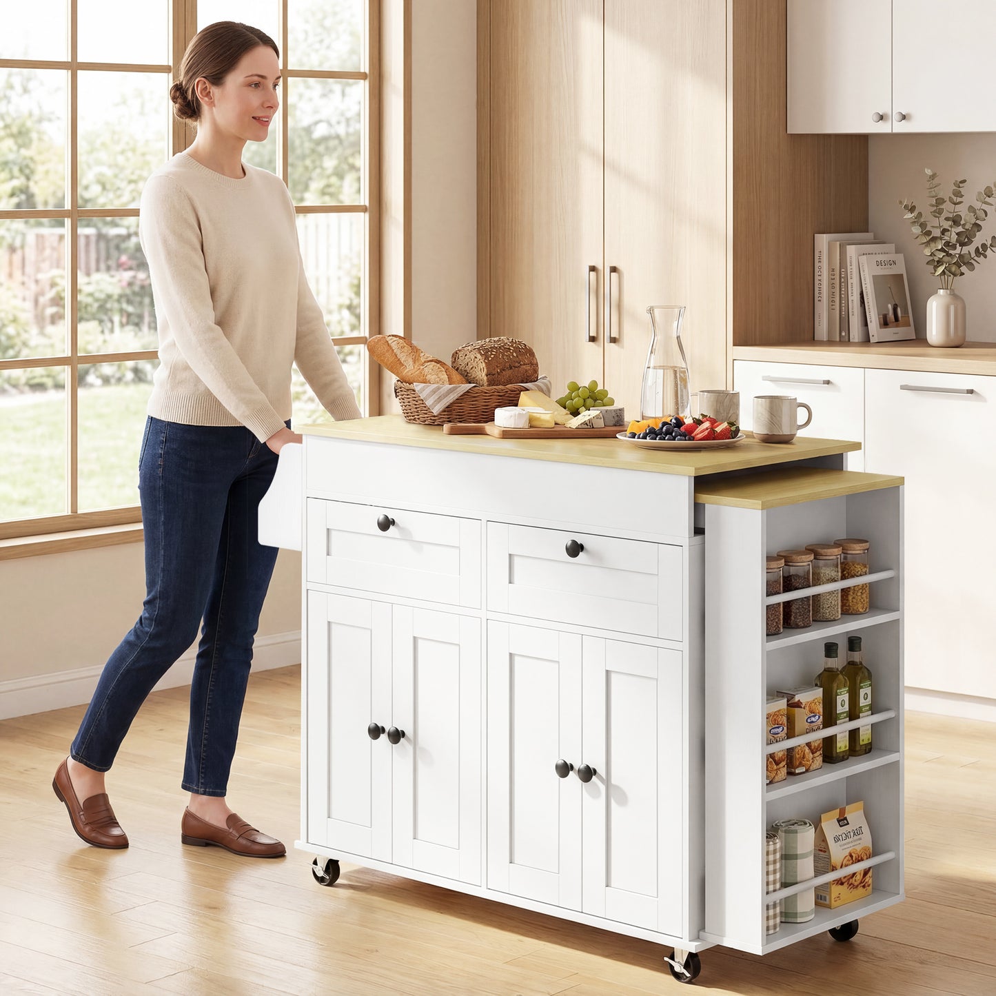 HOMCOM Rolling Kitchen with Expandable Top, Kitchen Island on Wheels with USB Ports & Power Outlets, Storage, White