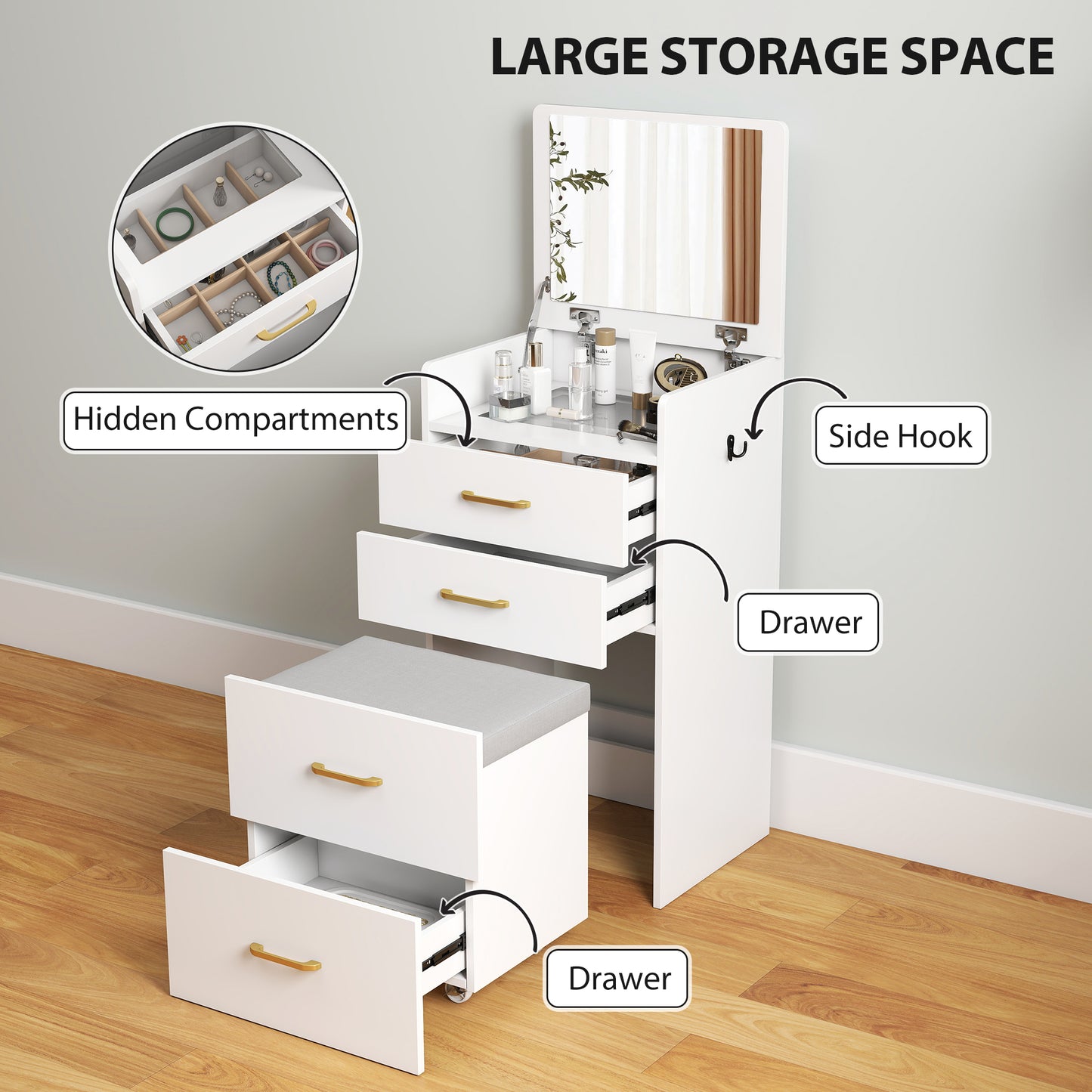 HOMCOM 3-in-1 Dressing Table with Flip-top Mirror, Glass Top, Drawers, Side Hook, Rolling Cushioned Storage Stool, White.
