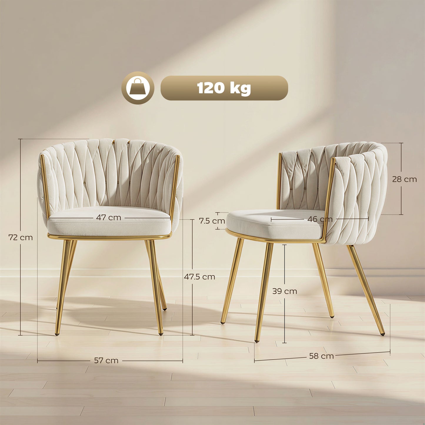 HOMCOM Velvet Dining Chairs Set of 2, Upholstered Cream