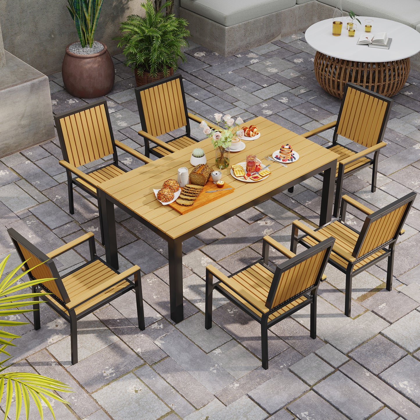 Outsunny 6 Seater Garden Dining Set, Aluminium Frame, Stackable Chairs, Rectangular Plastic Top, Nature Wood