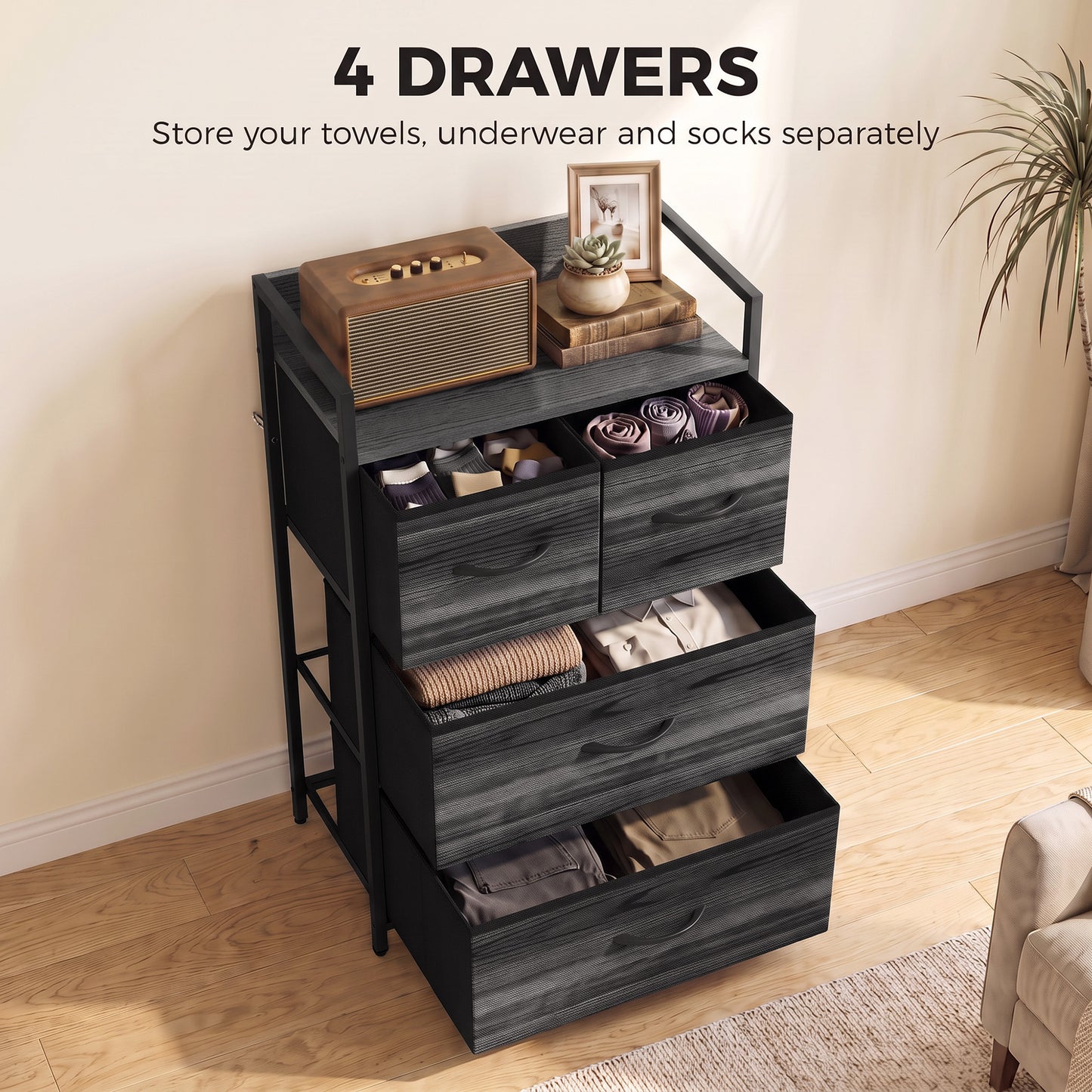 HOMCOM Rustic Chest of Four Fabric Drawers - Black Wood Effect