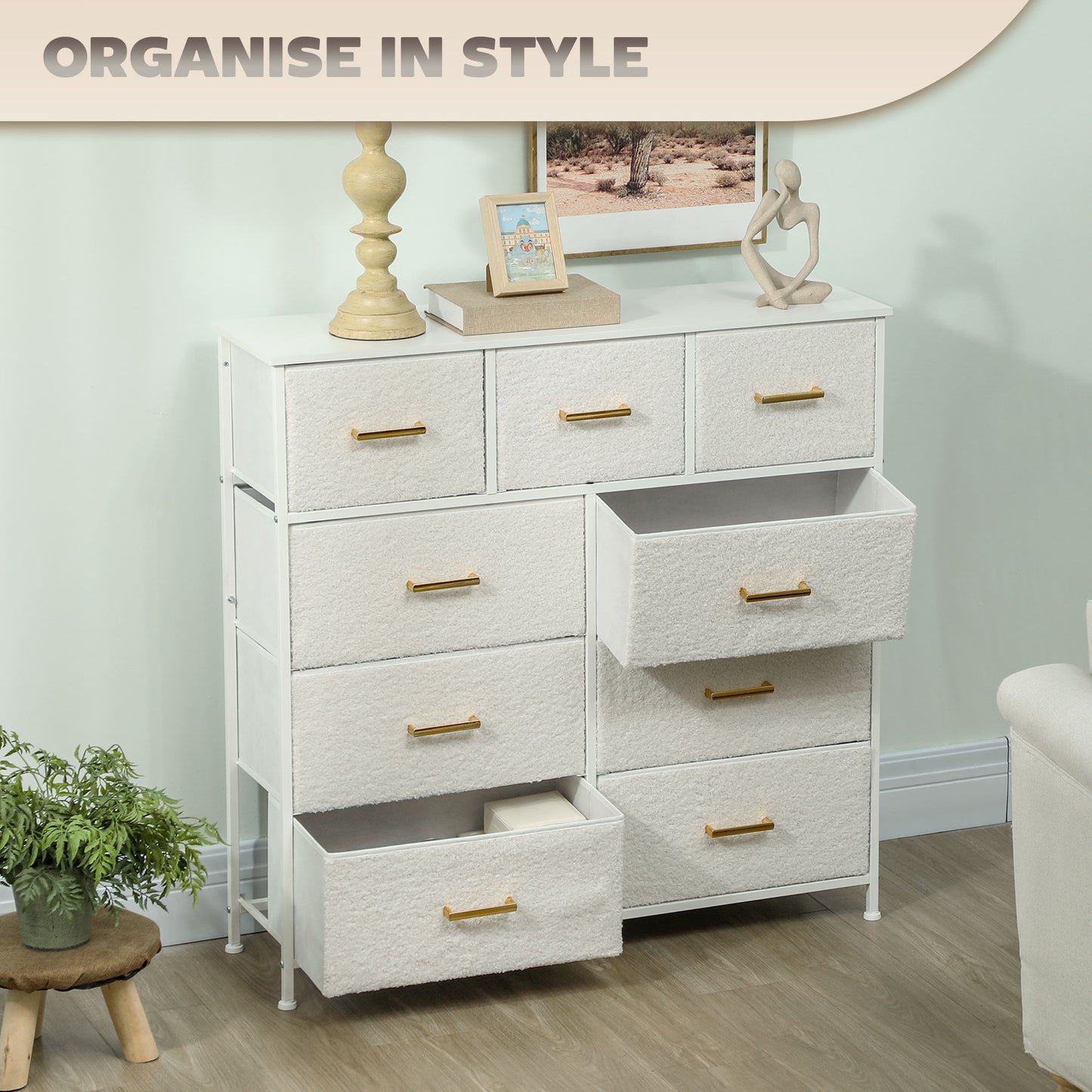 HOMCOM Chest of Drawers with 9 Fabric Drawers, Boucle Storage Organizer, Steel Frame, Fabric Dresser for Bedroom, Cream White