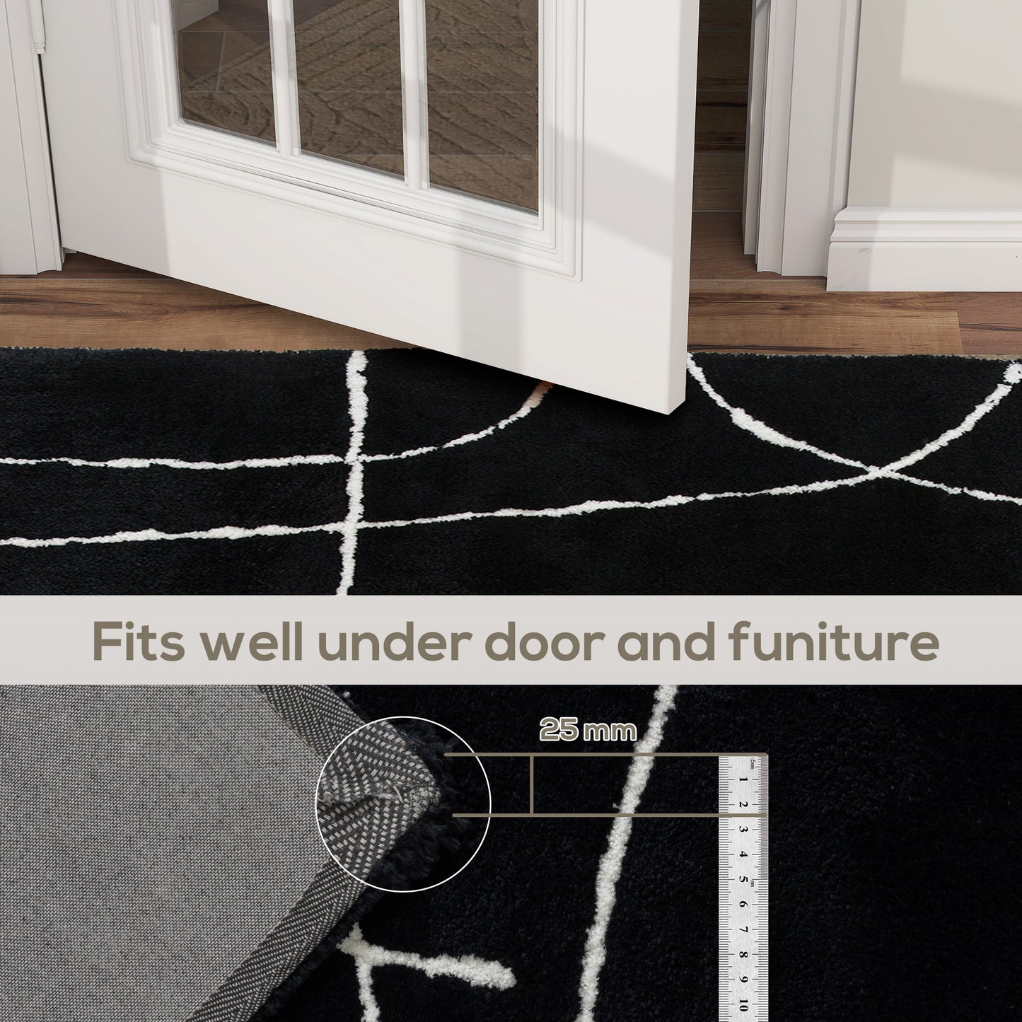 HOMCOM Fluffy Area Rug, Geometric Washable, Soft High Pile Carpet for Living Room, Bedroom, Dining, Office, 170 x 120 cm, Black