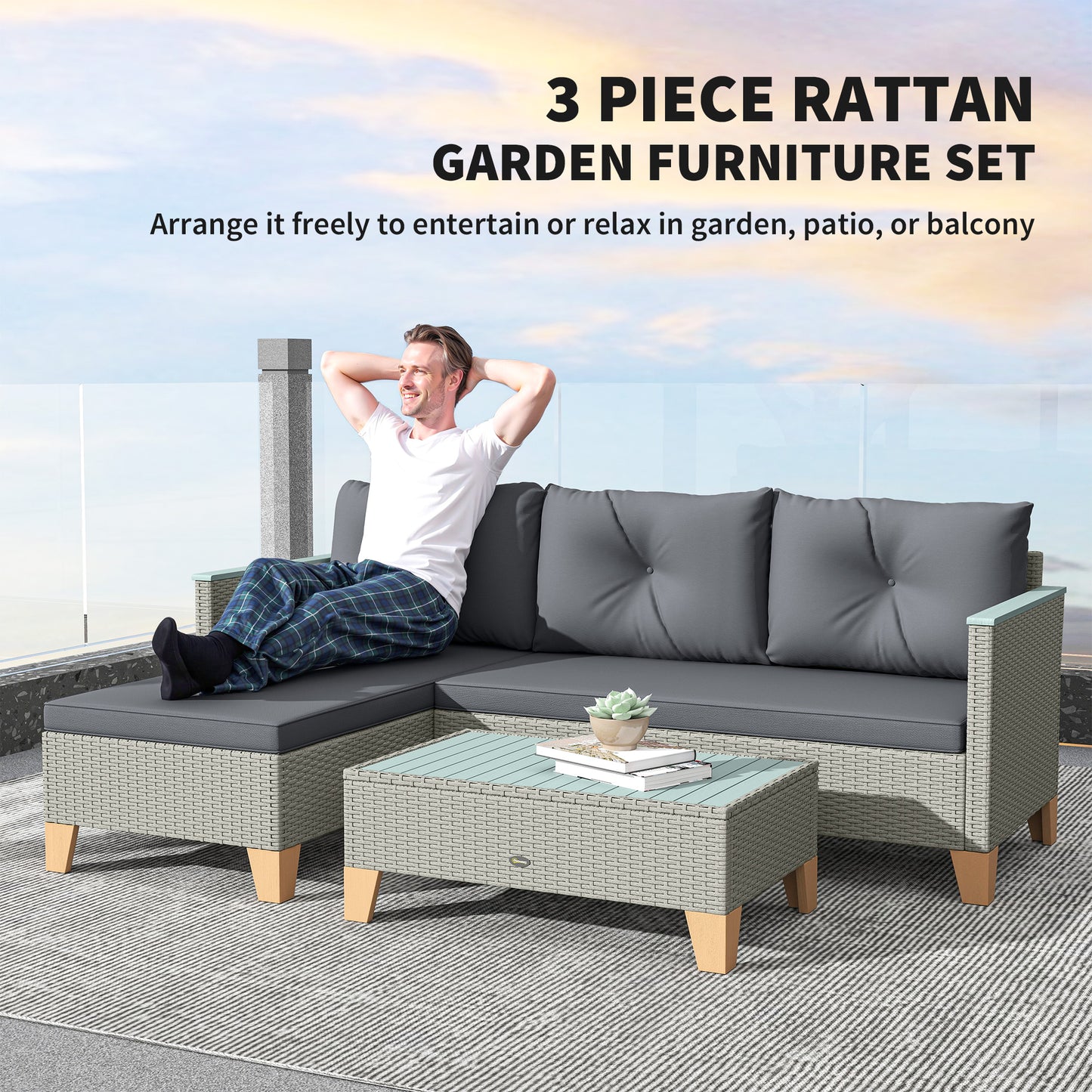 Outsunny 3-Piece Rattan Garden Furniture Set, L-Shaped Chaise Lounge with Wood Top Coffee Table & Thick Cushions, Charcoal Grey