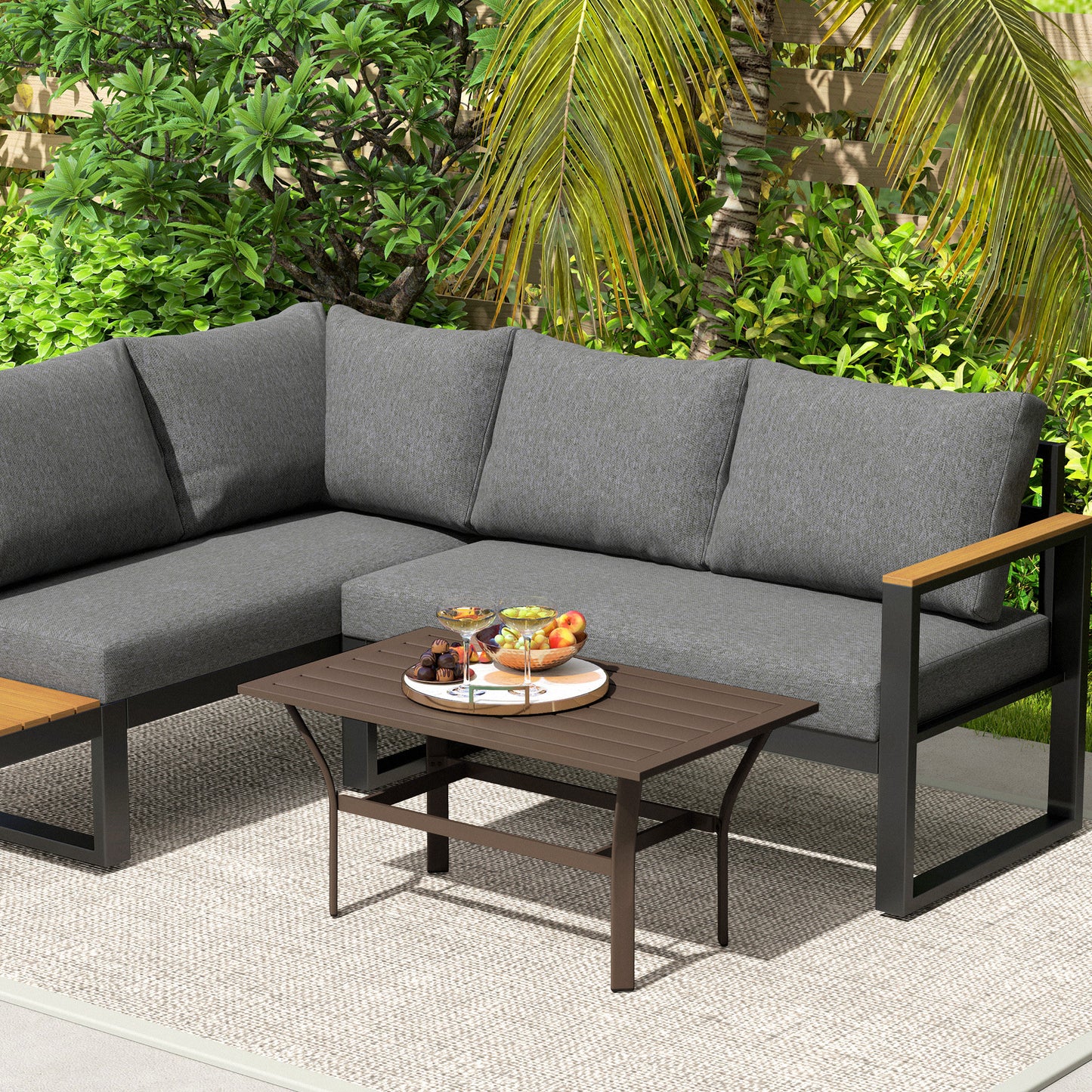 Outsunny Metal Garden Coffee Table, Rectangular Outdoor Side Table with Slatted Tabletop and Foot Pads for Garden or Porch, Brown