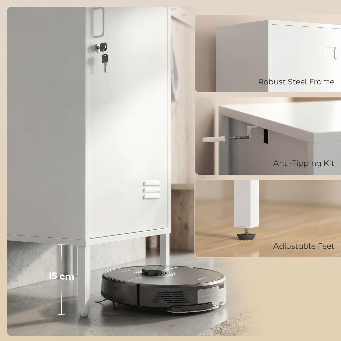 HOMCOM Metal Locker Cabinet with Hanging Rod, Lock and Key, Single Locker Storage Cabinet with Shelf, White