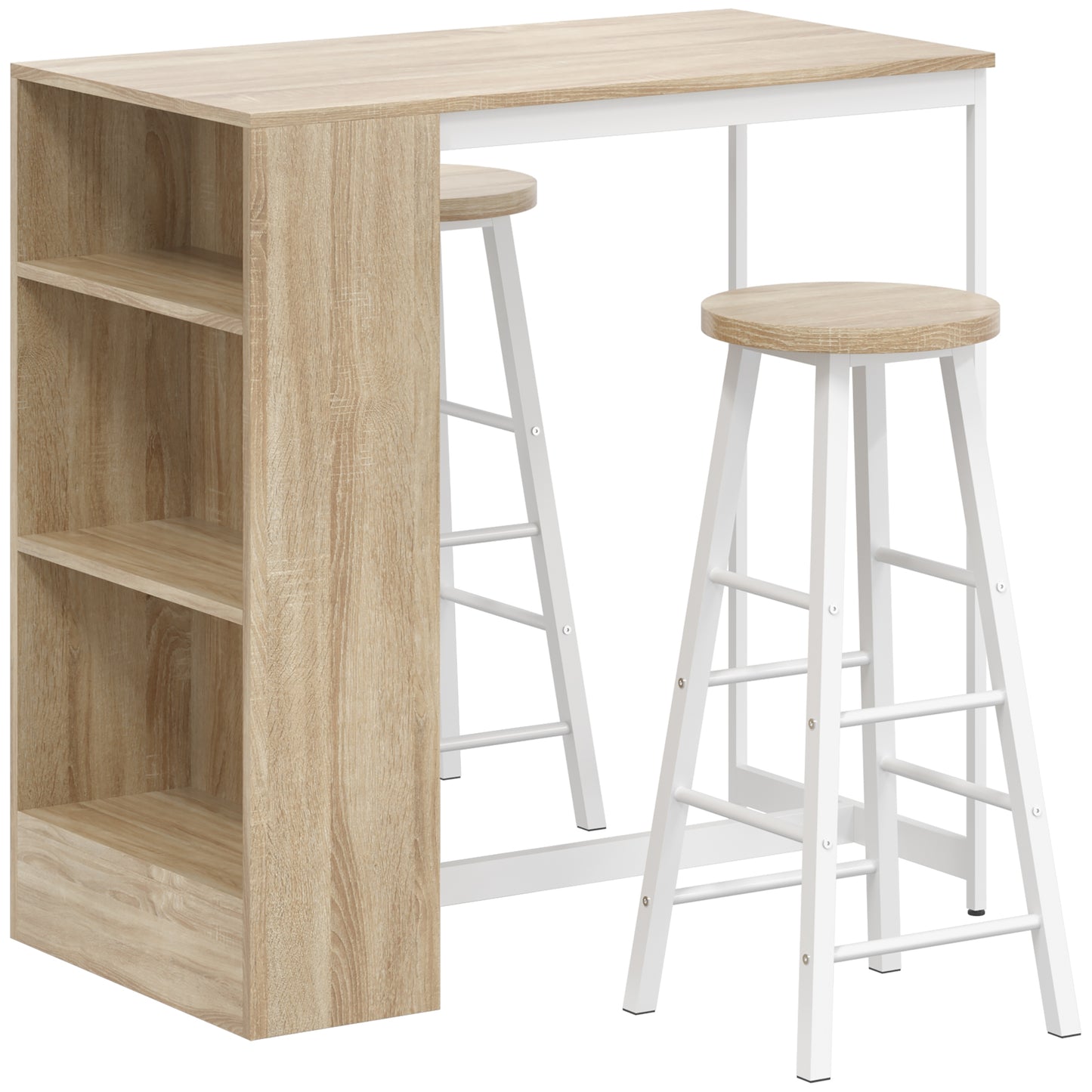 HOMCOM Breakfast Bar Table and Stools Set with 3 Tier Storage Shelves, Footrest and Metal Frame, 91 cm, Oak