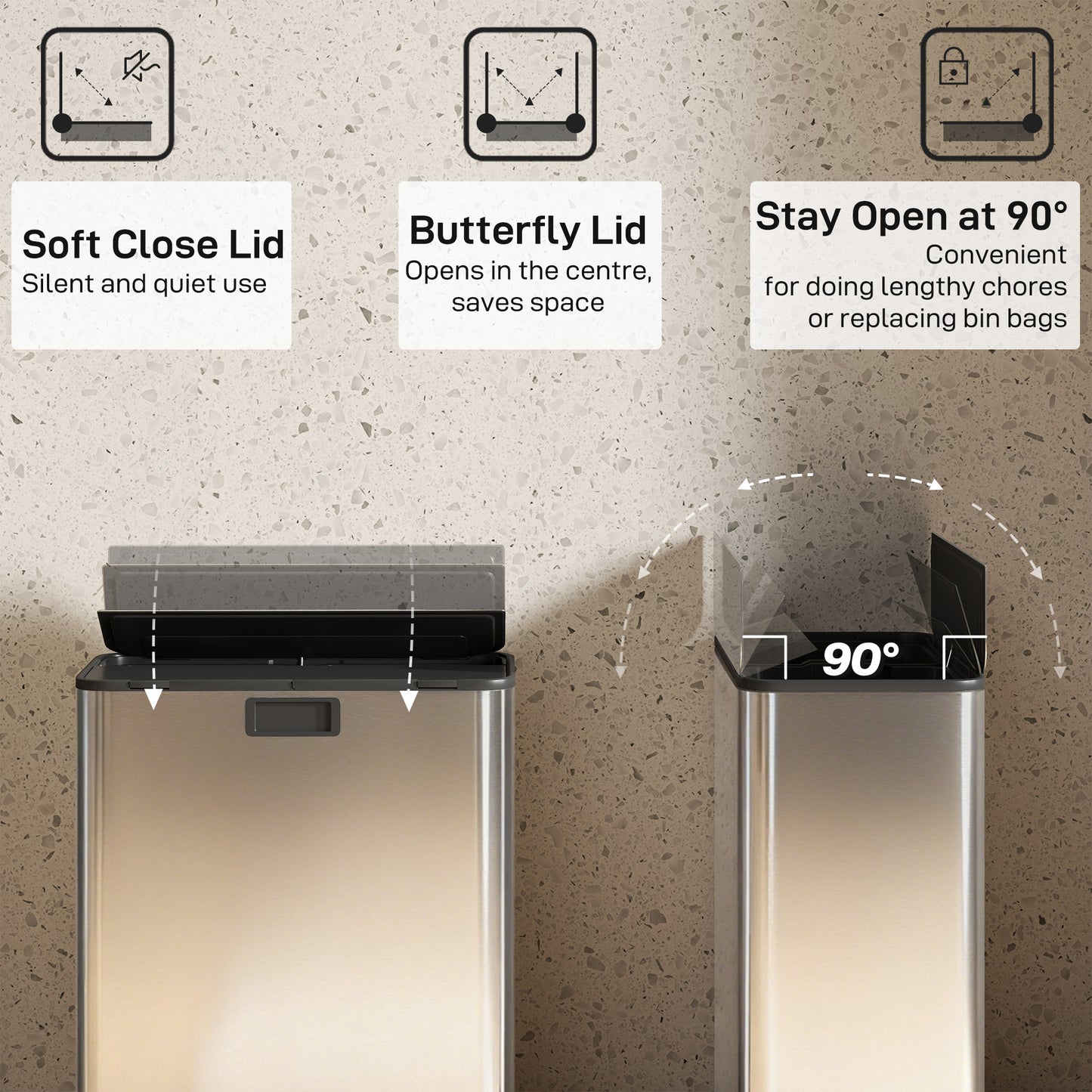 HOMCOM Dual Kitchen Bin, 2x28L Stainless Steel Pedal with Soft-Close Lid & Removable Buckets, Fingerprint-Proof for Recycling, Silver Tone