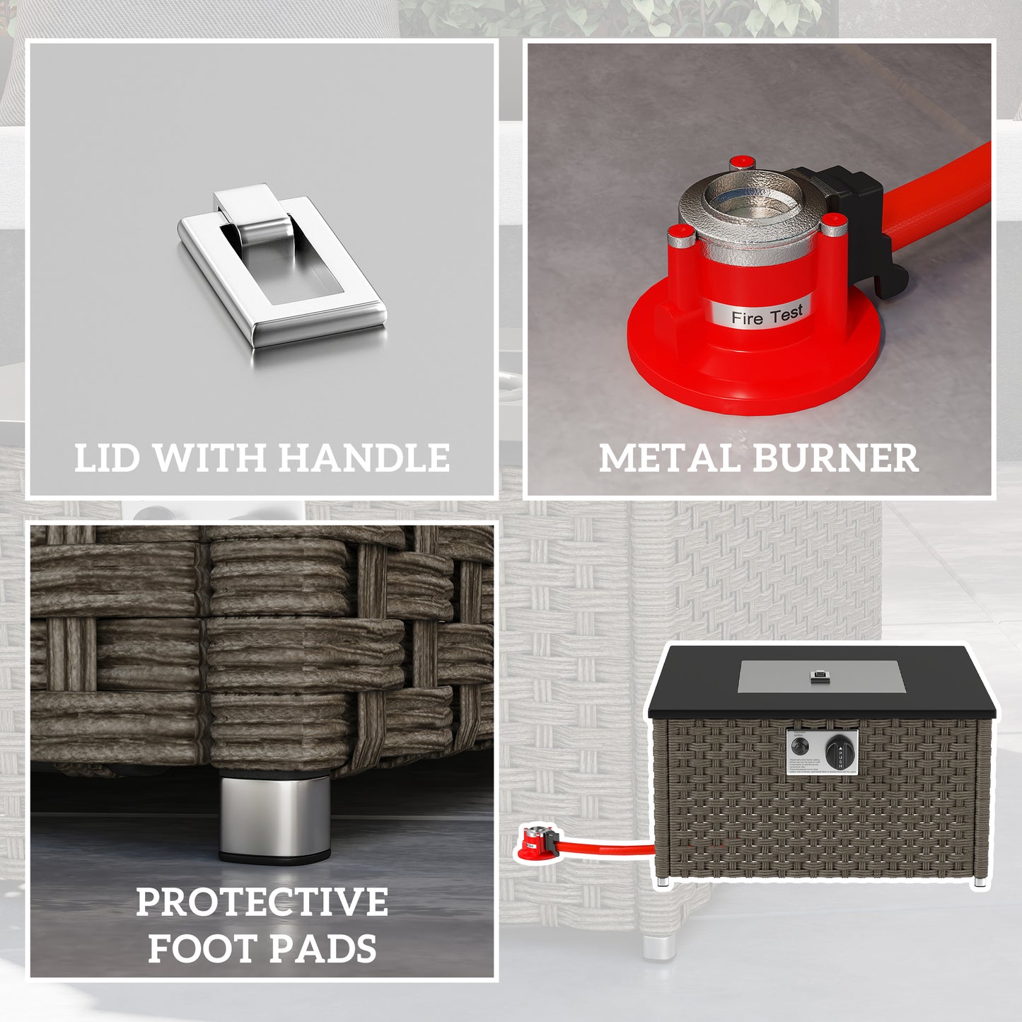 Outsunny Rattan Gas Fire Pit Table, 13 KW Propane Fire Pit with Lid, Square Patio Heater/Coffee Table for Garden Outdoor, 58x58x33 cm, Grey