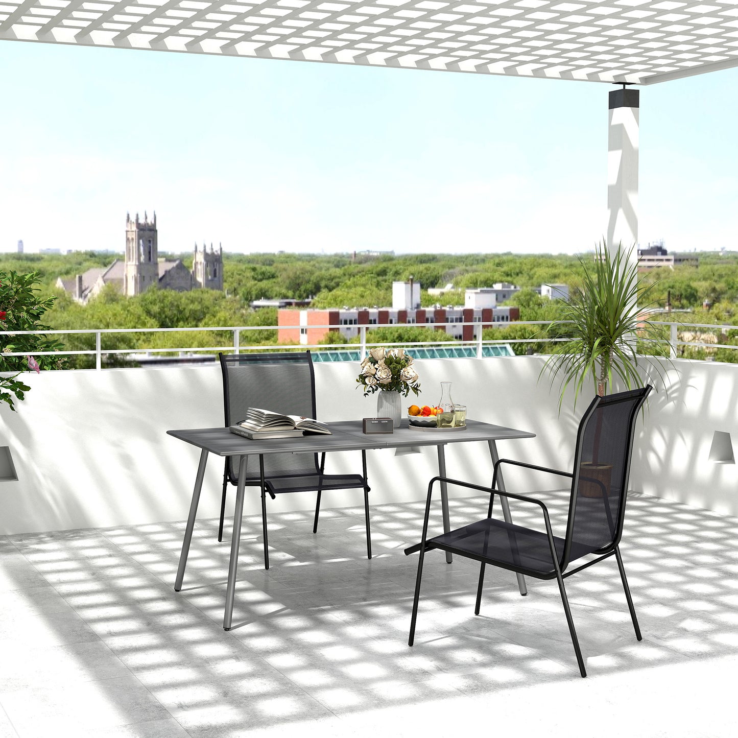 Outsunny Rectangle Garden Table with Slat Top, Steel Frame, Outdoor Table for 6 Person, 150 x 80 x 74 cm, Grey