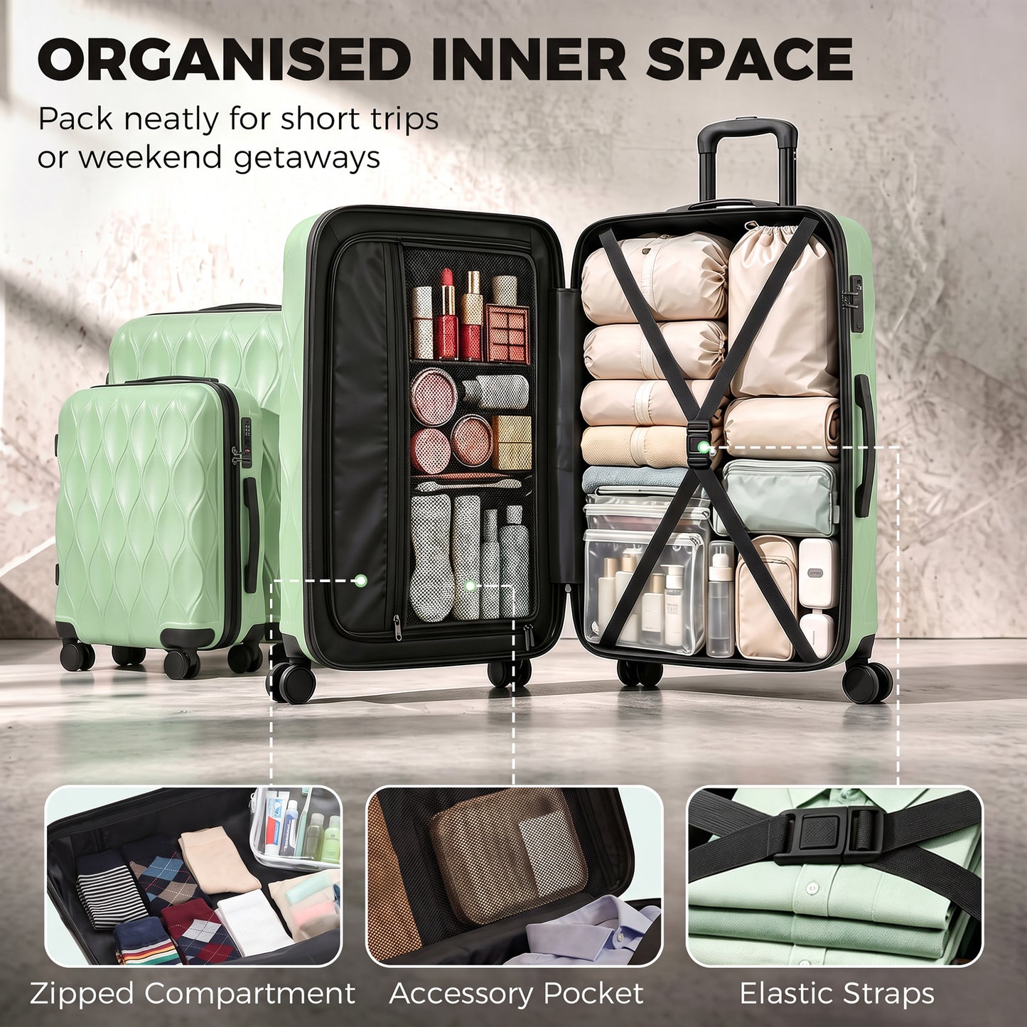 HOMCOM 3-Piece Suitcase Set, Hard Shell Carry On & Checked Luggage Set with TSA Lock, 20/24/28 Inch, Green