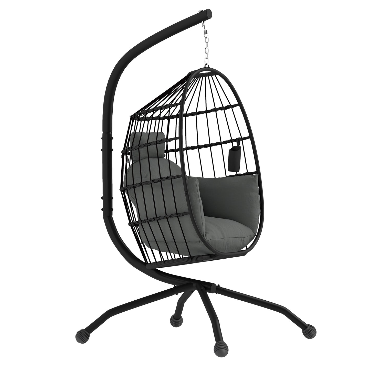 Outsunny Hanging Egg Chair: Indoor/Outdoor Swing with Stand, Cushion, Headrest, Cup Holder, Dark Grey