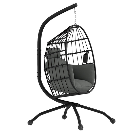 Outsunny Hanging Egg Chair: Indoor/Outdoor Swing with Stand, Cushion, Headrest, Cup Holder, Dark Grey