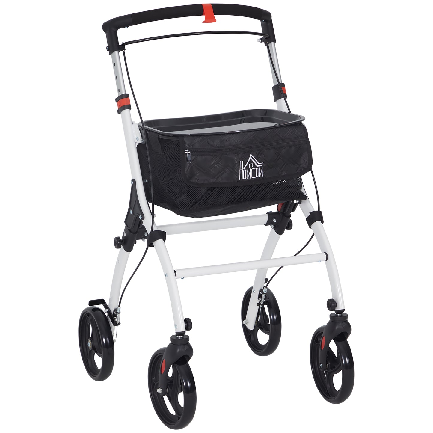 HOMCOM Upright Rollator Walker with Seat, Tray, Storage Bag, 4 Wheels, White