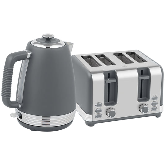 HOMCOM Kettle and Toaster Set, 1.7L 3000W Jug Kettle with Thermostat, Limescale Filter, 4-Slice Toaster with Browning Controls, Grey/Silver Tone
