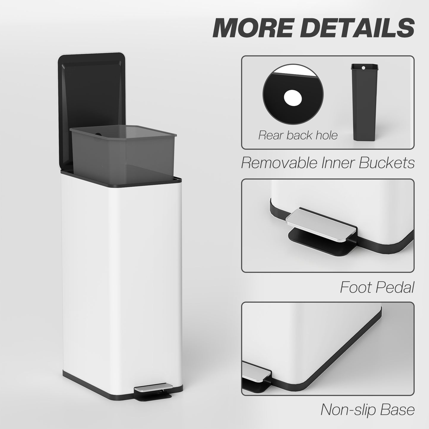 HOMCOM 20L Kitchen Pedal Bin, Slim Stainless Steel Rubbish Bin, Removable Inner Bucket, Soft-Close and Stay-Open Lid, White