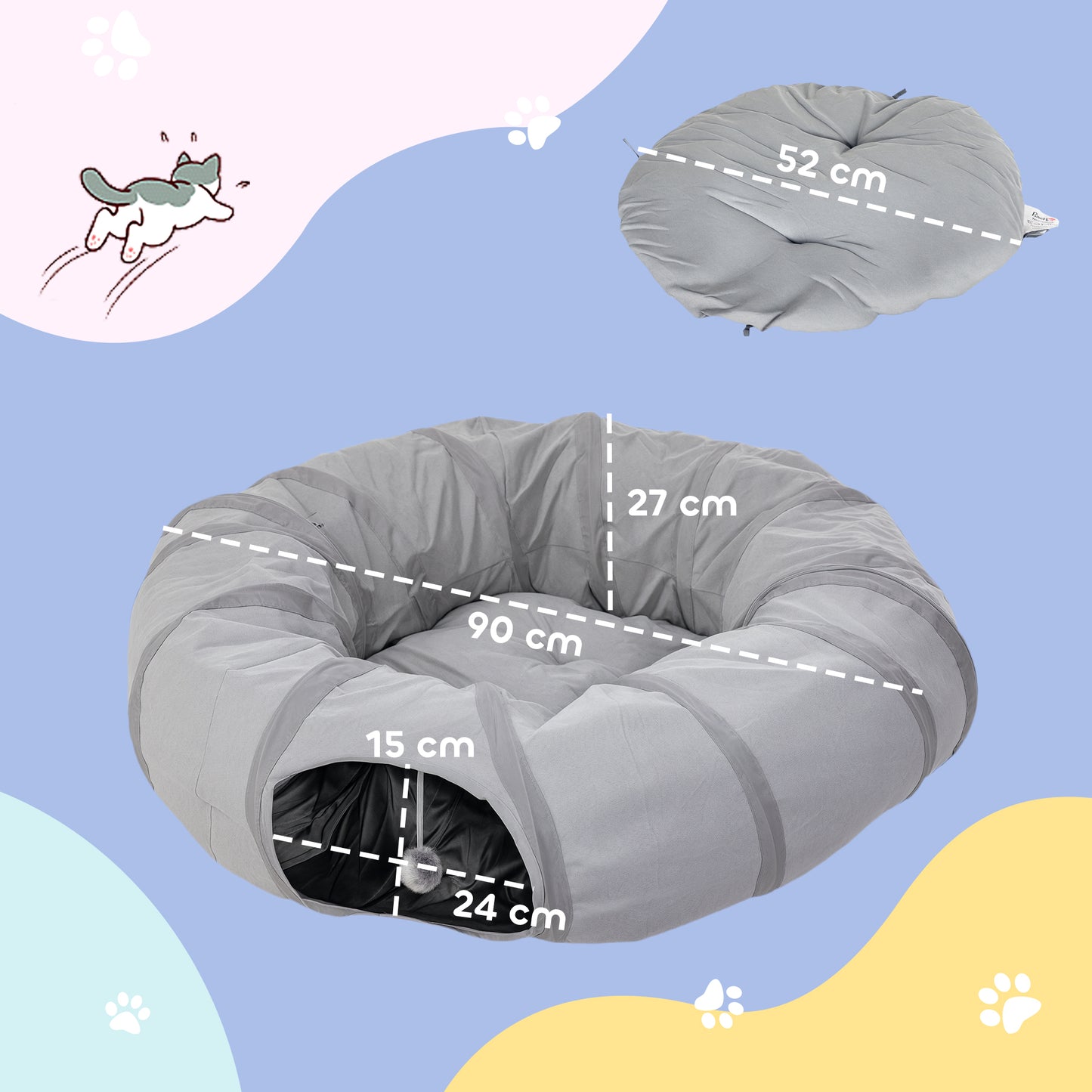 PawHut 2 in 1 Cat Tunnel with Bed, Cat Play Tunnel with Ball & Peek Hole for Indoor Cats, Grey