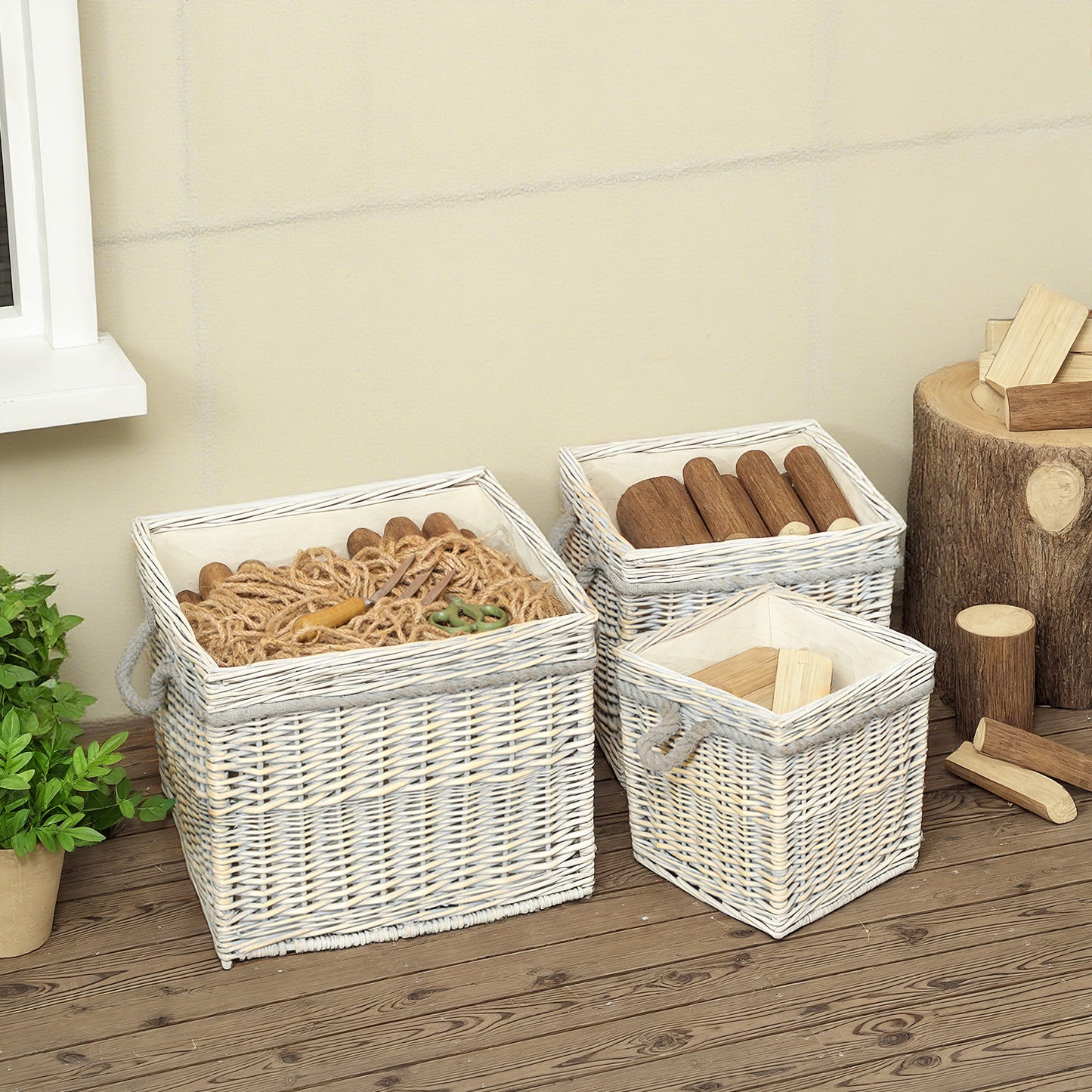 Outsunny Set of 3 Log Baskets for Wood Burner Indoor, Round torage Basket with Lining and Rope Handles for Fireside Storage, Blankets, Beige