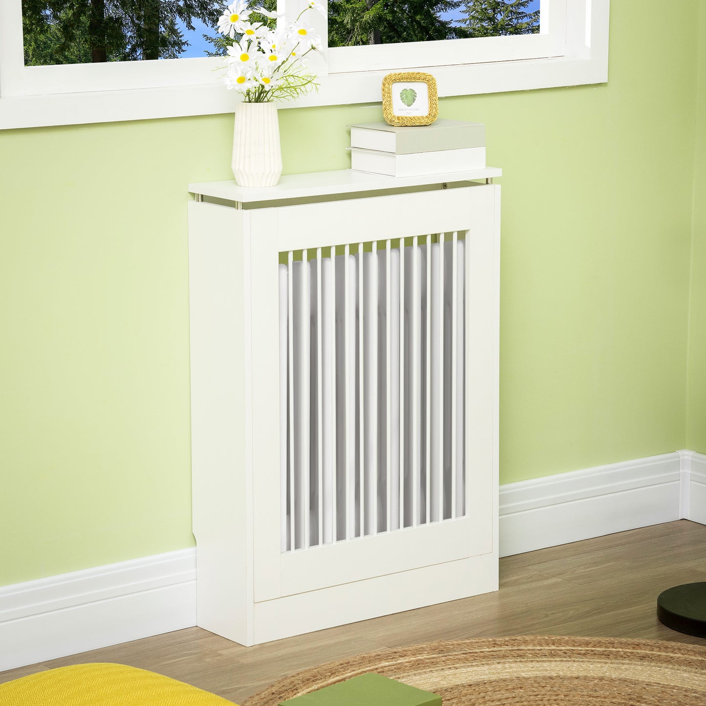 HOMCOM Radiator Cover Vertical Slatted Grille Heater Cover Top Shelf MDF Steel for Heat Circulation 60 x 18 x 84 cm White