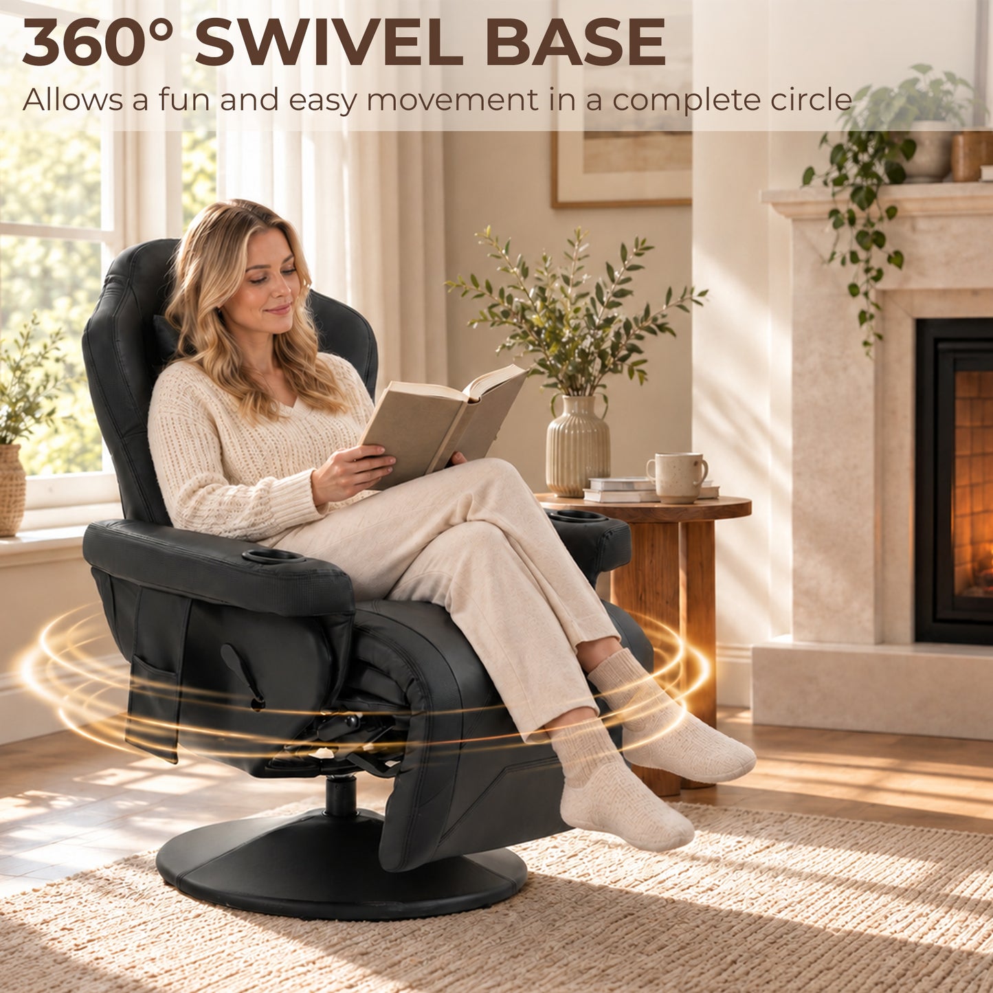 HOMCOM Manual Recliner Armchair PU Leather Lounge Chair w/ Adjustable Leg Rest, 135° Reclining Function, 360° Swivel, Black