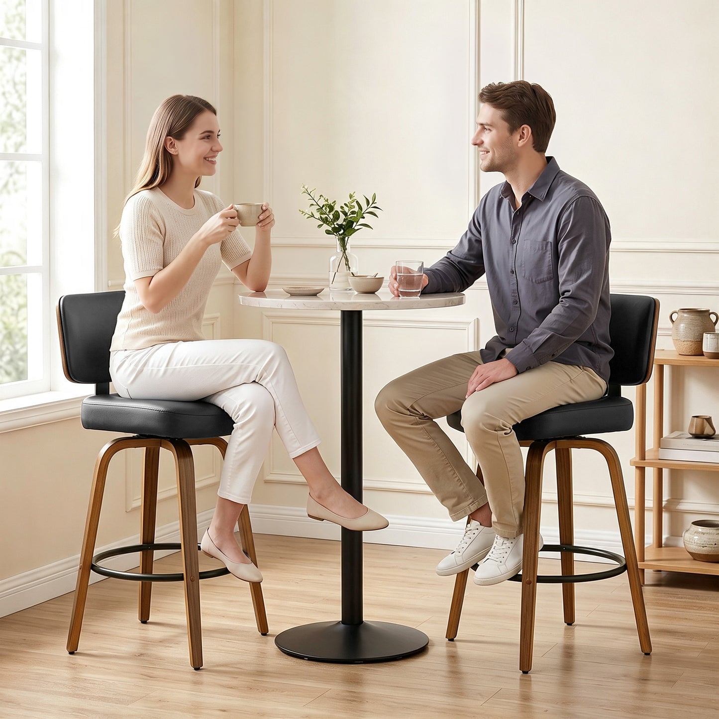 HOMCOM Bar Stools 360° Swivel Breakfast Bar Stools Padded PU Seat Footrest Set of 2 Black