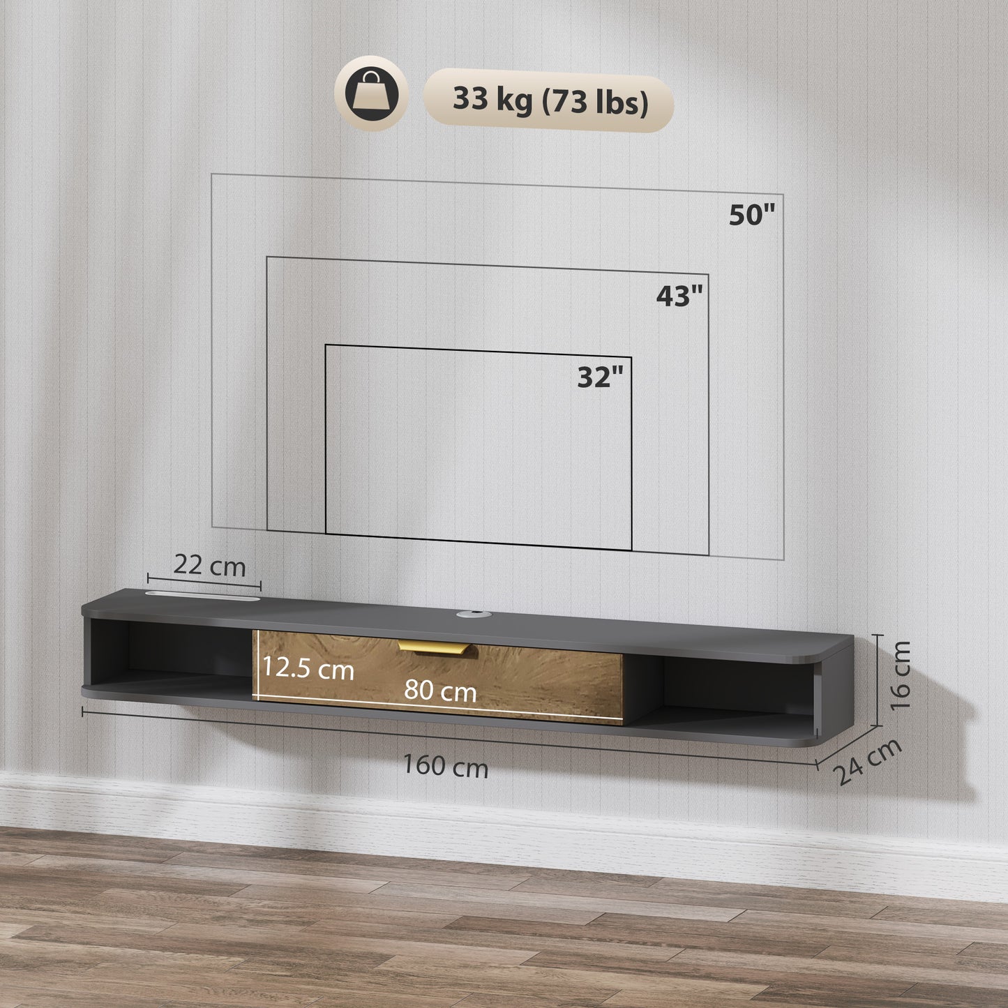 HOMCOM 140 cm Floating TV Stand with Storage - Charcoal Grey