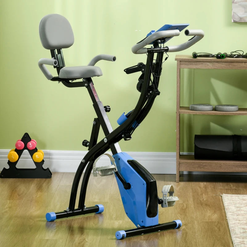 HOMCOM 2-in-1 Folding Exercise Bike with 8-Level Magnetic Resistance, Arm Resistance Band, Pulse Sensor, Blue