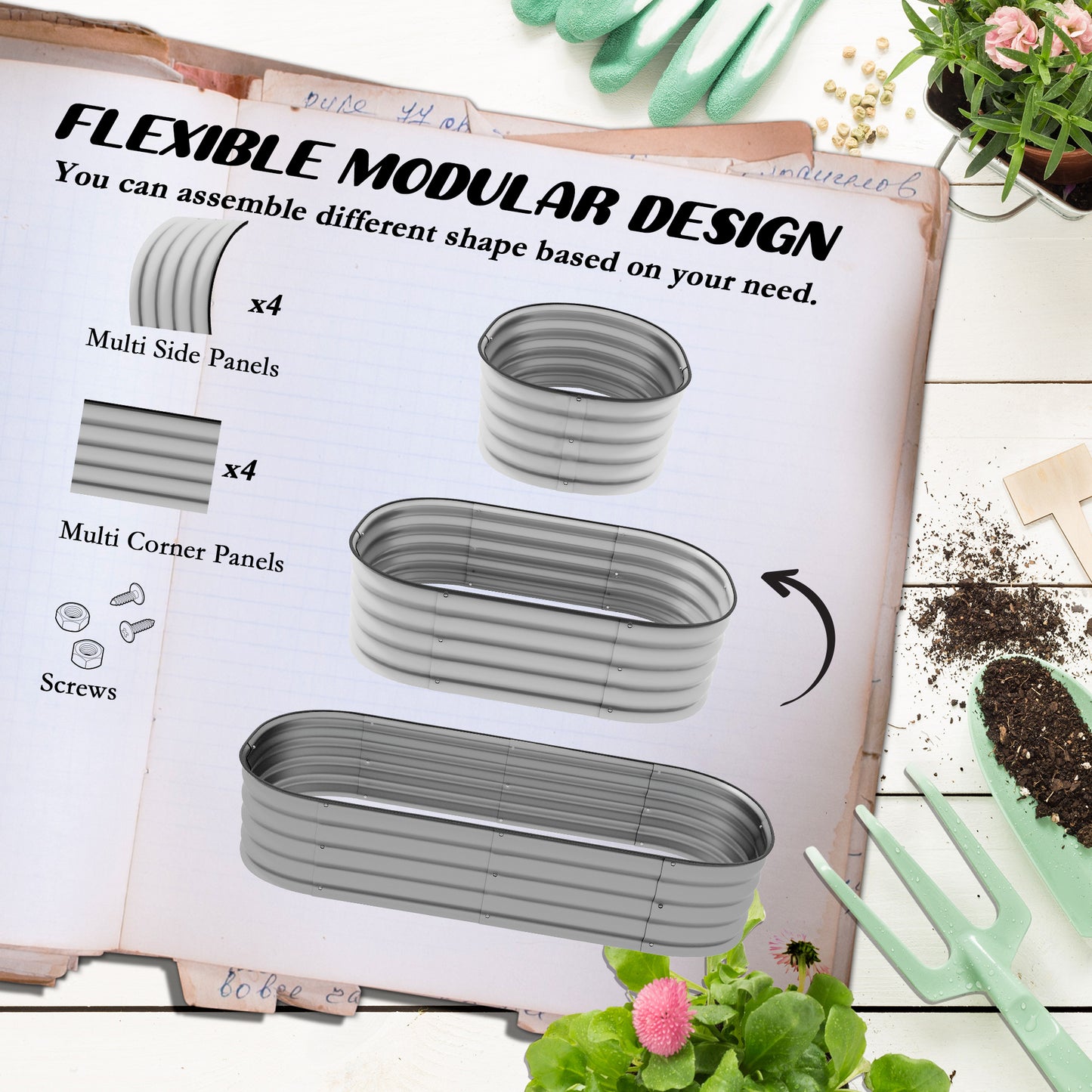 Outsunny Galvanised Raised Garden Bed, Metal Planter Box with Safety Edging, for Flowers, Herbs, Succulents, Silver