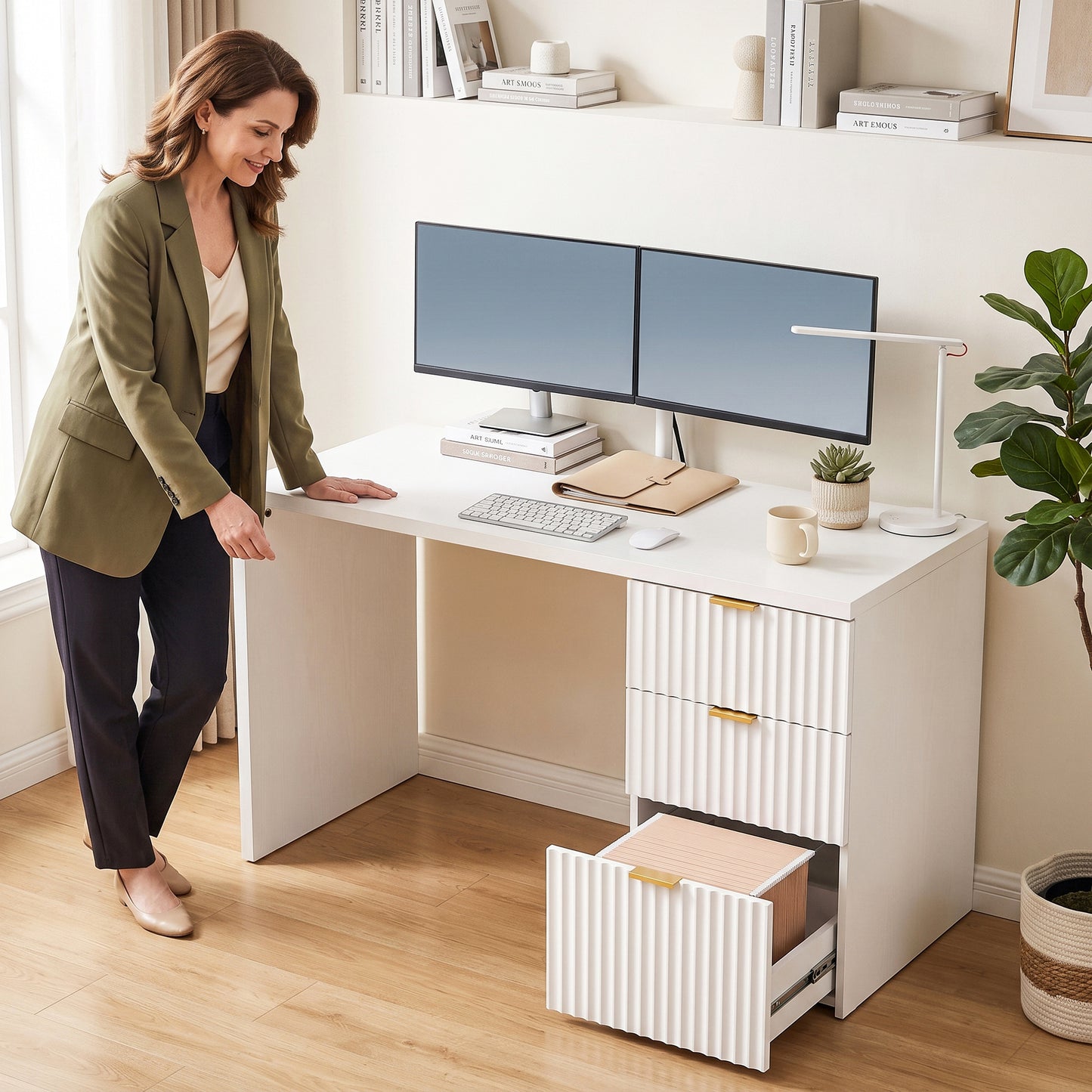 HOMCOM Computer Desk with 3 Drawers Reversible Home Office Desk 120 cm, White