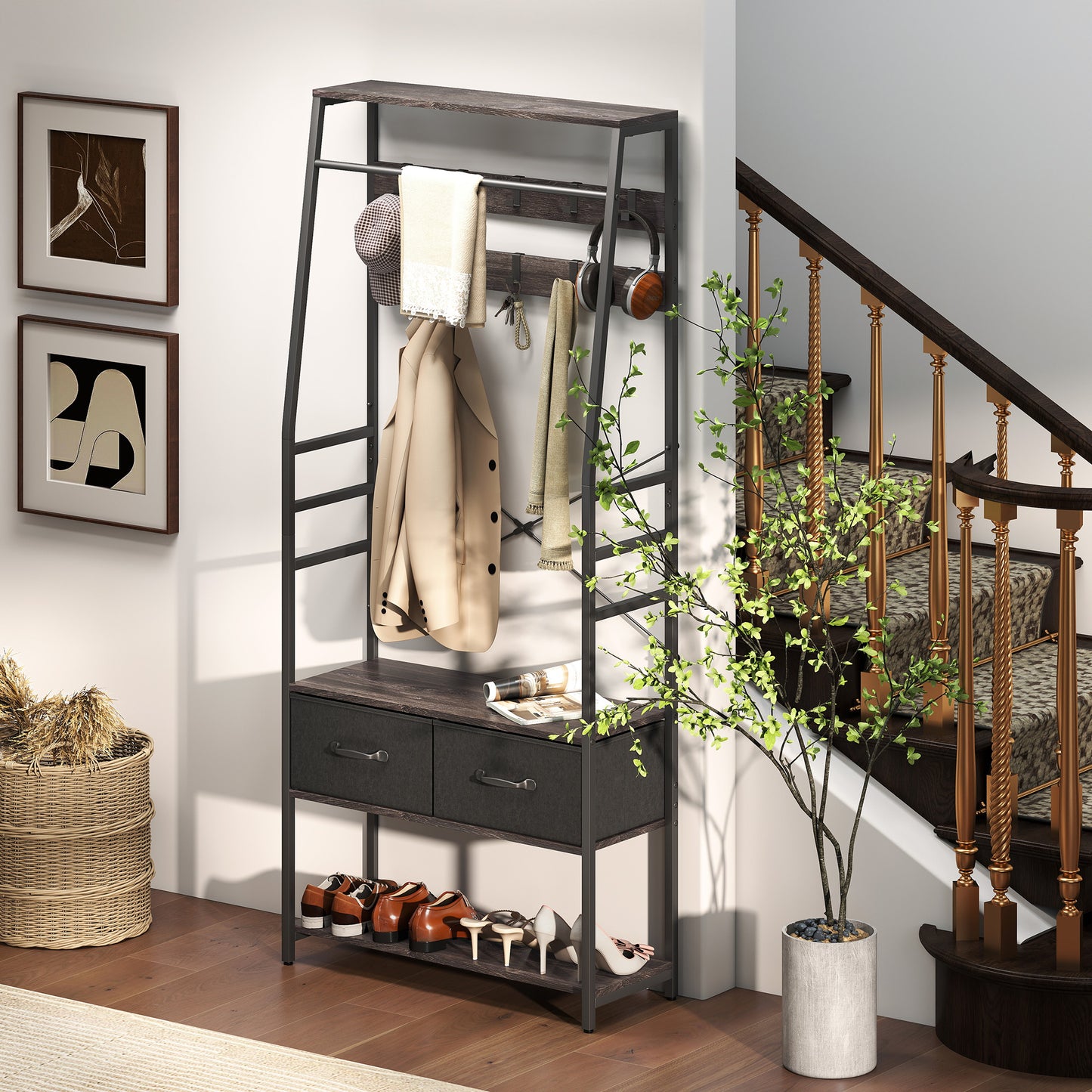 HOMCOM Coat Rack with Shoe Storage, Industrial Hall Tree with Bench, 10 Hooks, 2 Fabric Drawers, Clothes Rail for Entryway, Grey