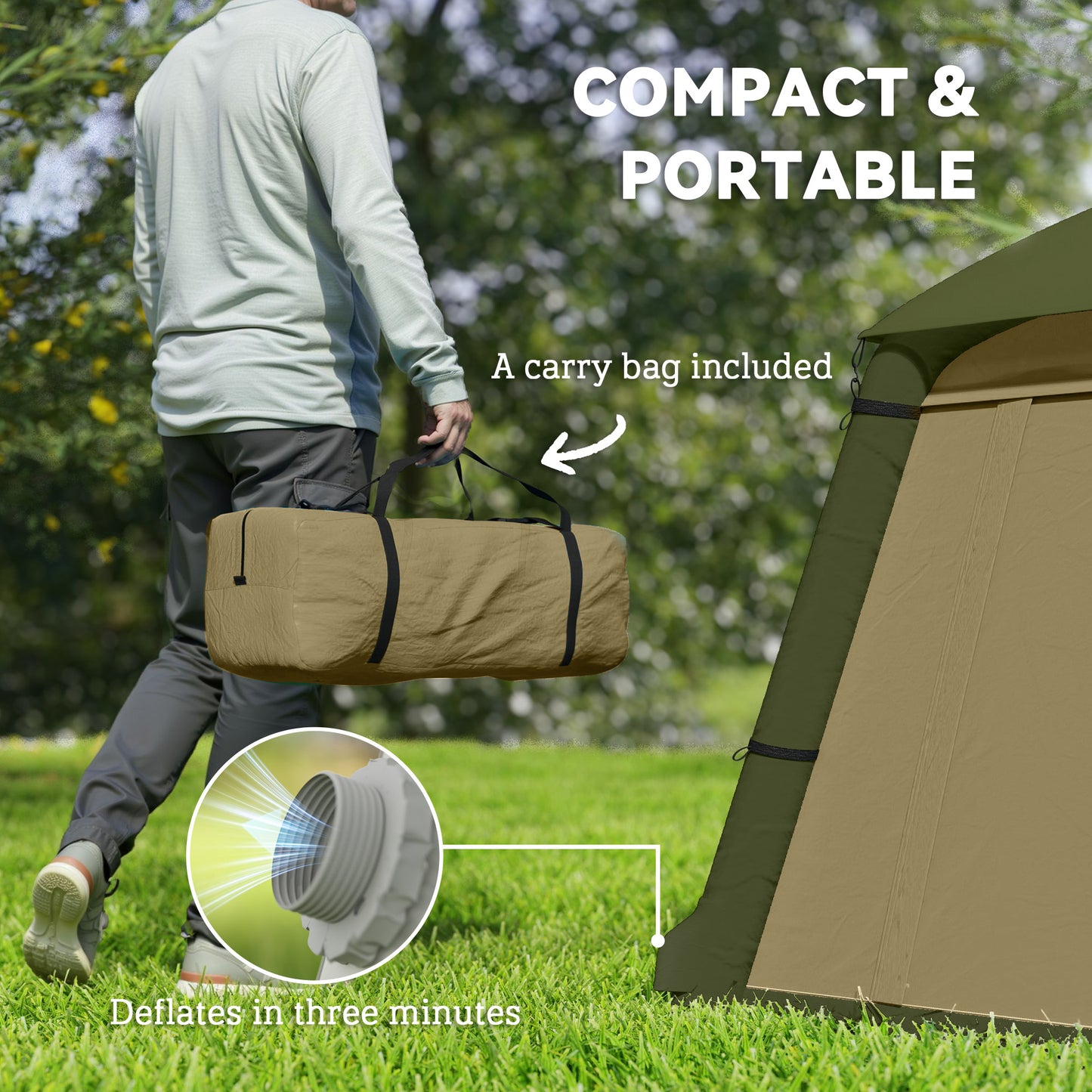 Outsunny Inflatable Camping Tent with Hand Pump, Easy Setup for 1-2 People, Waterproof and Windproof with Mesh Windows and Carry Bag, Brown