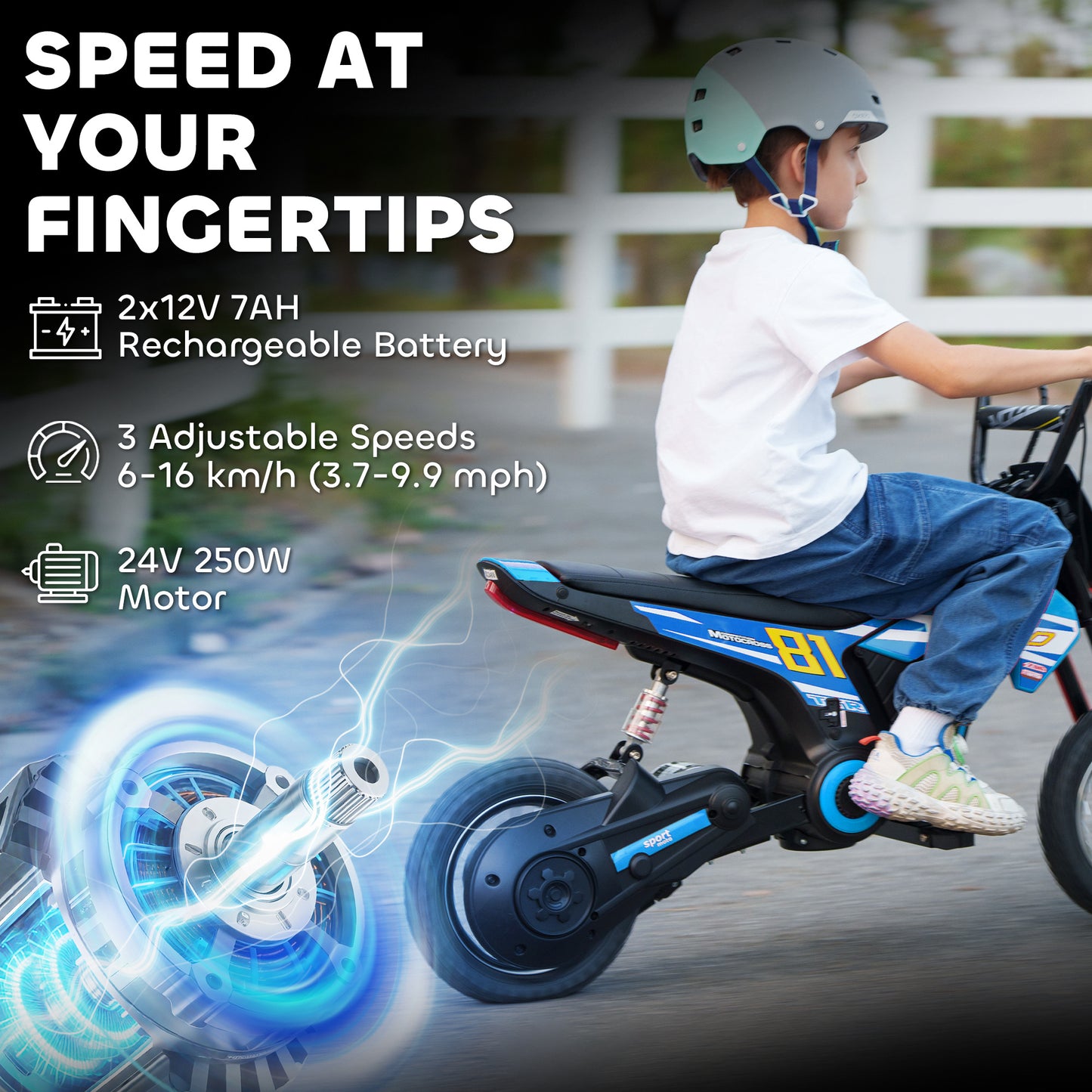 AIYAPLAY Kids Electric Motorbike, 24V Ride On Motorcycle with 3 Speeds and Rear Suspension, Dirt Bike for 8-12 Years Old, Blue