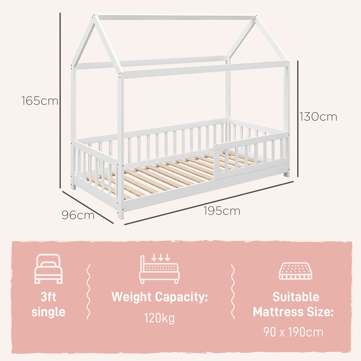 HOMCOM House-Shaped Kids Bed Frame with Safety Fence, Solid Pine Wood Single Bed Frame for Kids Boys and Girls