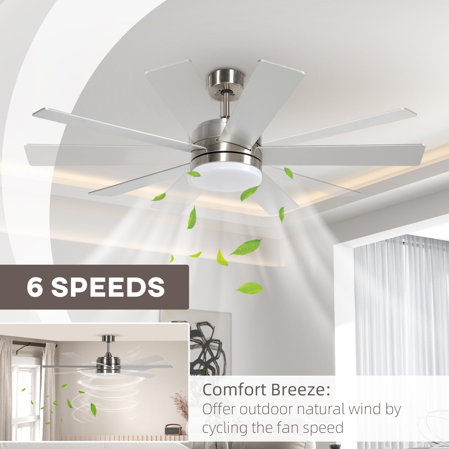 HOMCOM 132cm LED Ceiling Fan with Remote - Silver/Beech