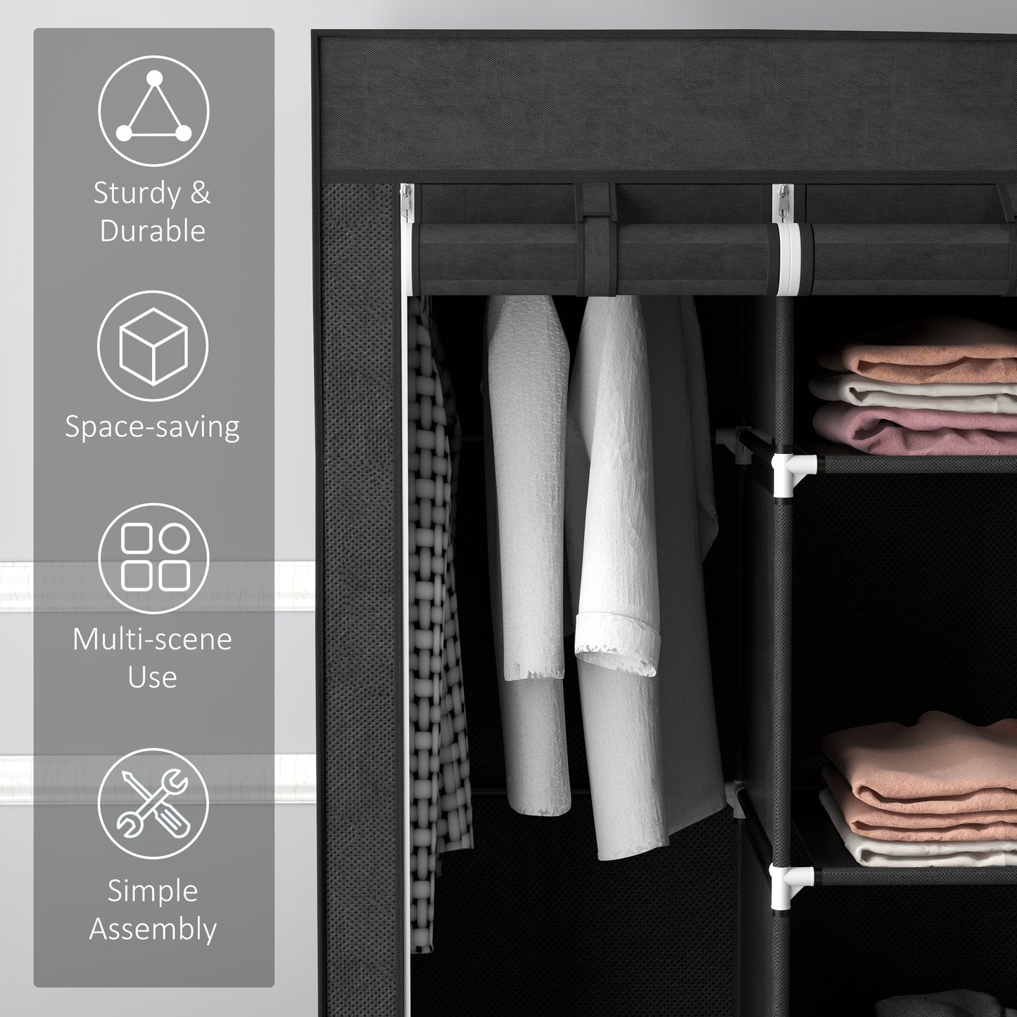 HOMCOM Foldable Fabric Wardrobe for Bedroom, Portable Wardrobe with 5 Shelves, 2 Hanging Rails and 3 Fabric Drawers, Black