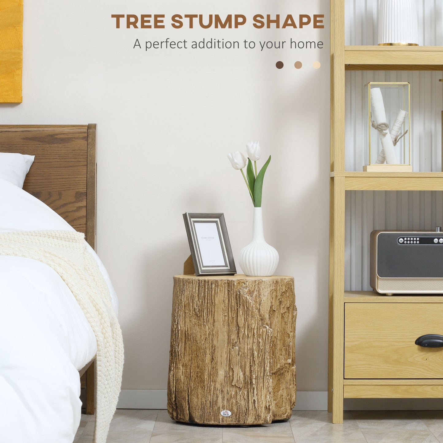 HOMCOM Tree Stump End Table, Round Concrete Side Table for Indoor and Outdoor Use, Natural Wood Effect