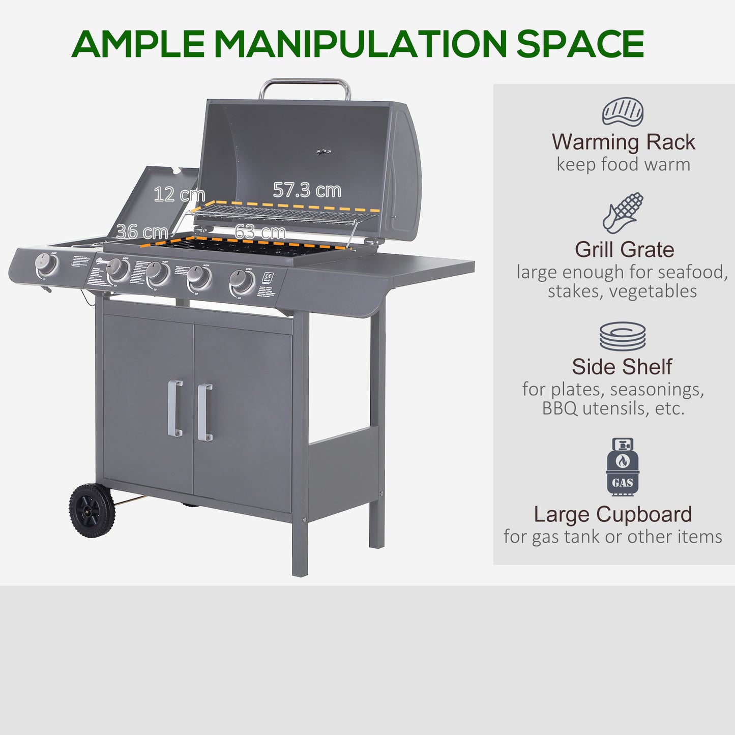 Outsunny 4+1 Burner Gas BBQ Grill, Trolley with Wheels, Warming Rack, Side Shelves, Thermometer, Grey